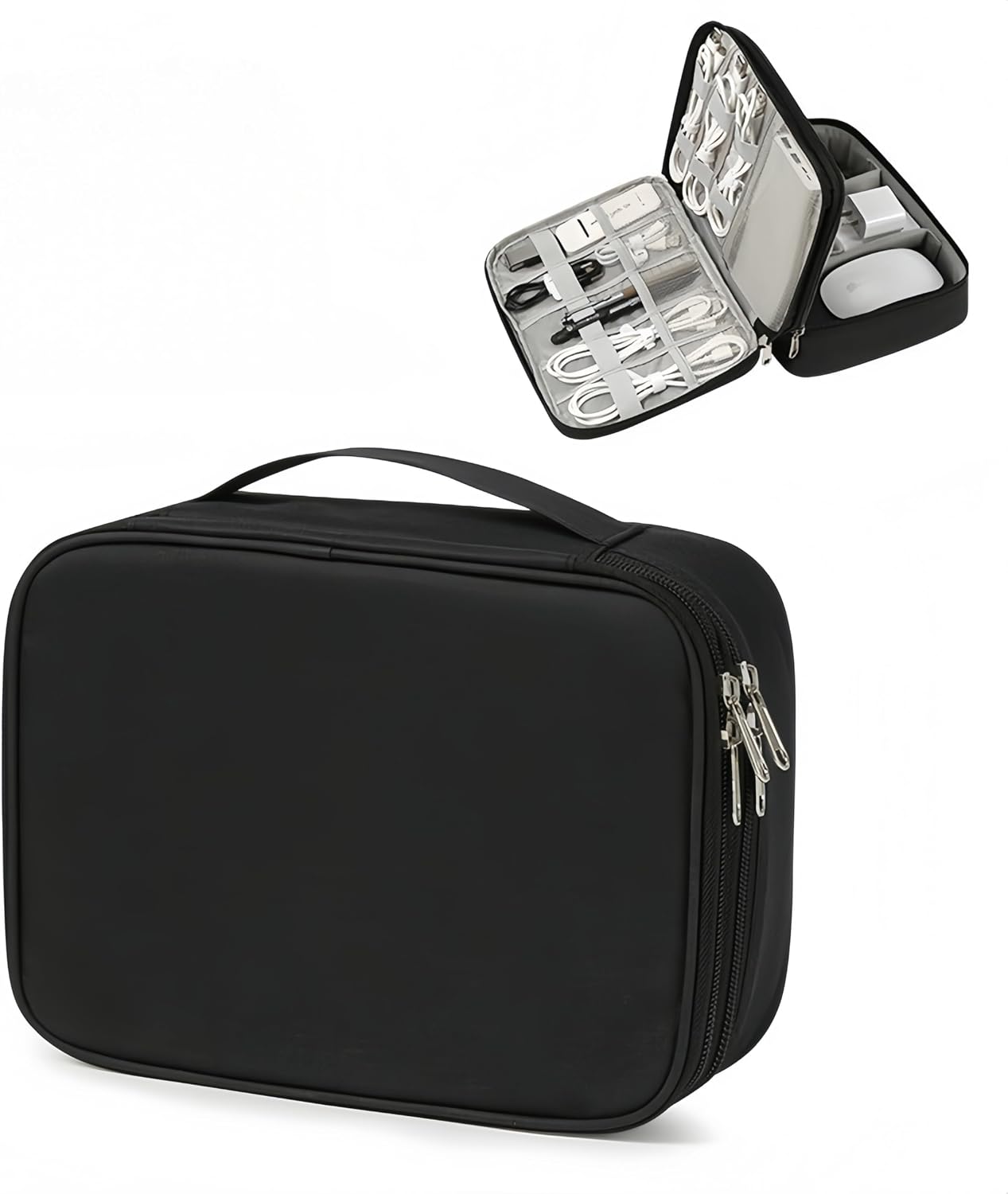 Organizer Bag, Travel Universal Cable Organizer Case Sturdy Accessories Pouch with Handle, Medium Electronic Carrying Bag for Cable, Navy Blue, Double layer