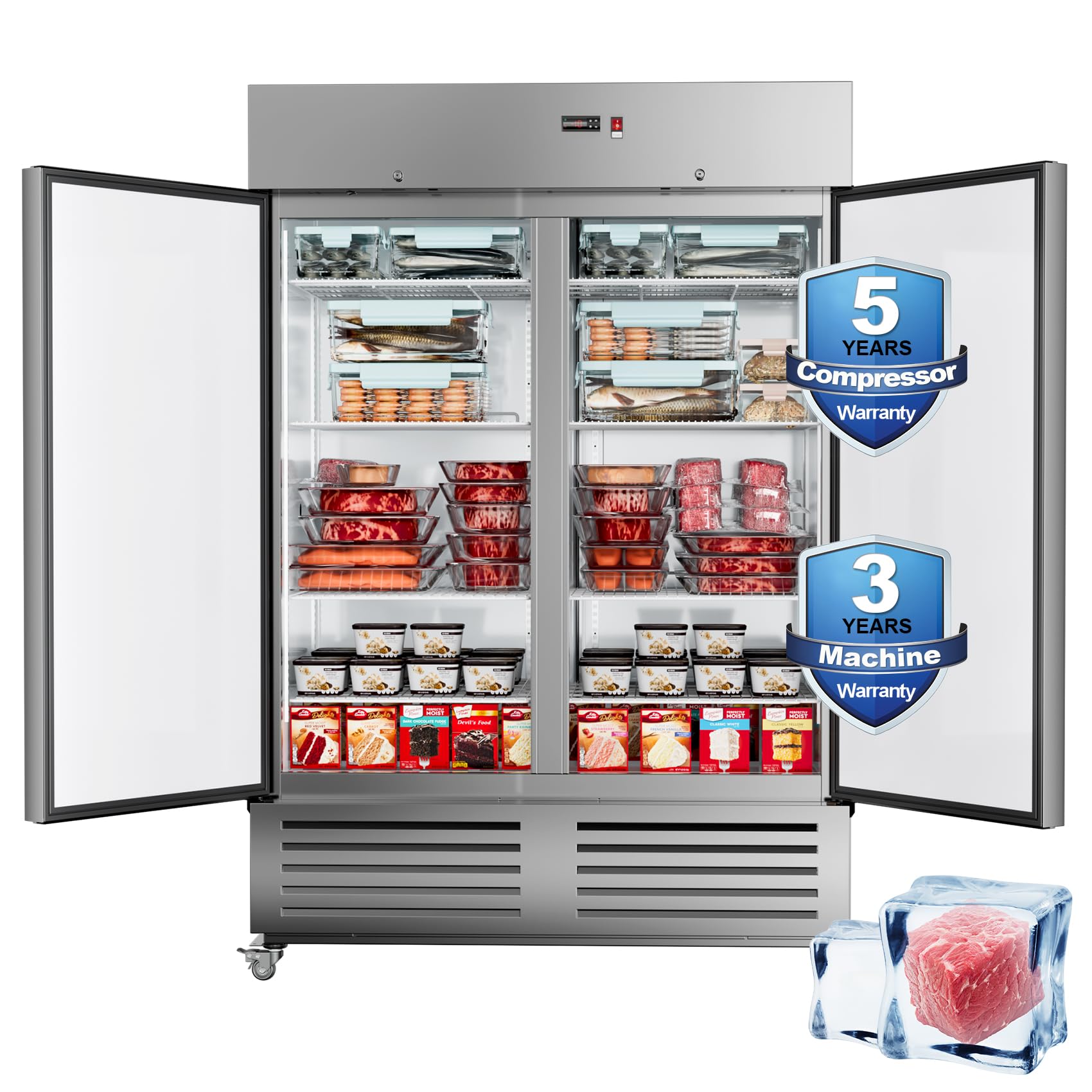 60" W 2 Door Commercial Freezer 50 Cu.ft Freezer for Restaurant, Bar, Shop Upright, Stainless Steel Reach-in