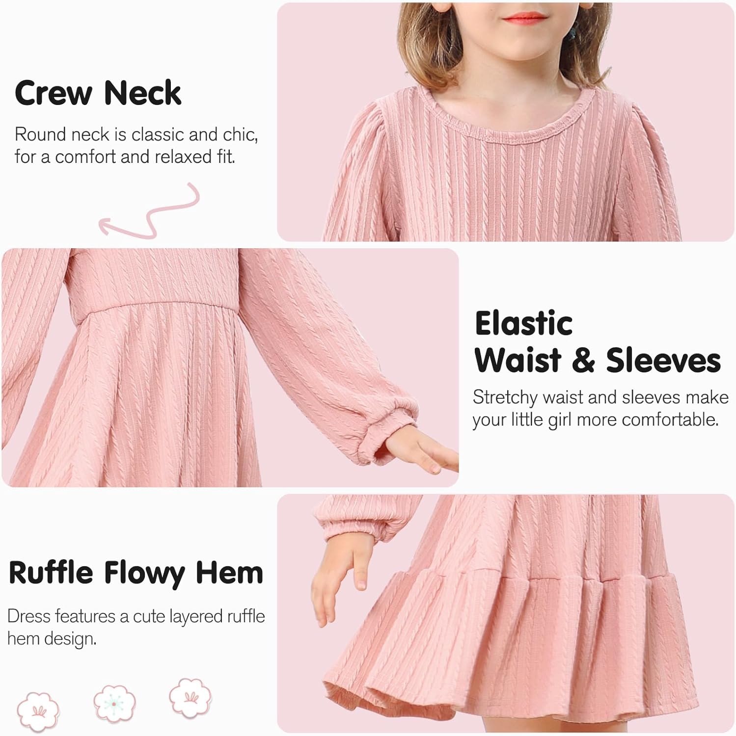 Neutocd Toddler Baby Girl Dress Long Sleeve Knit Sweater Fall Winter Ribbed Ruffle Casual Solid Toddler Dress - Image 5