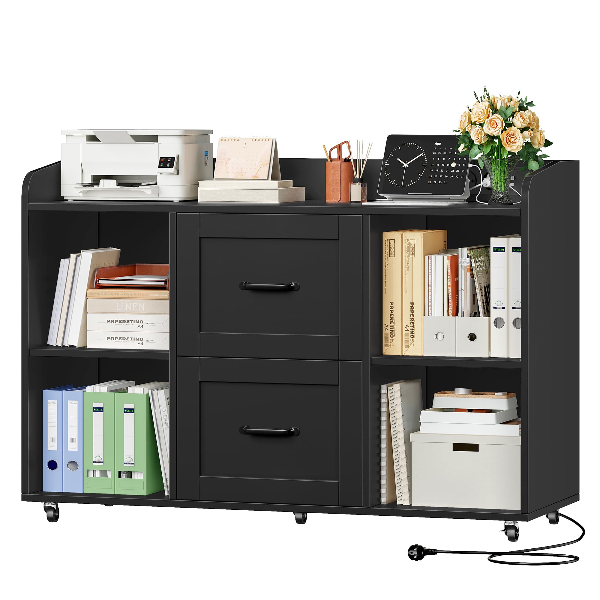 HOCSOK Caisson Bureau, Support d'Imprimante, avec Prises Électriques et 2 Ports USB, Meuble de Rangement à 5 roulettes Mobile, pour Dossiers A4/Letter/Legal, Armoire de Rangement pour Bureau, Ecole