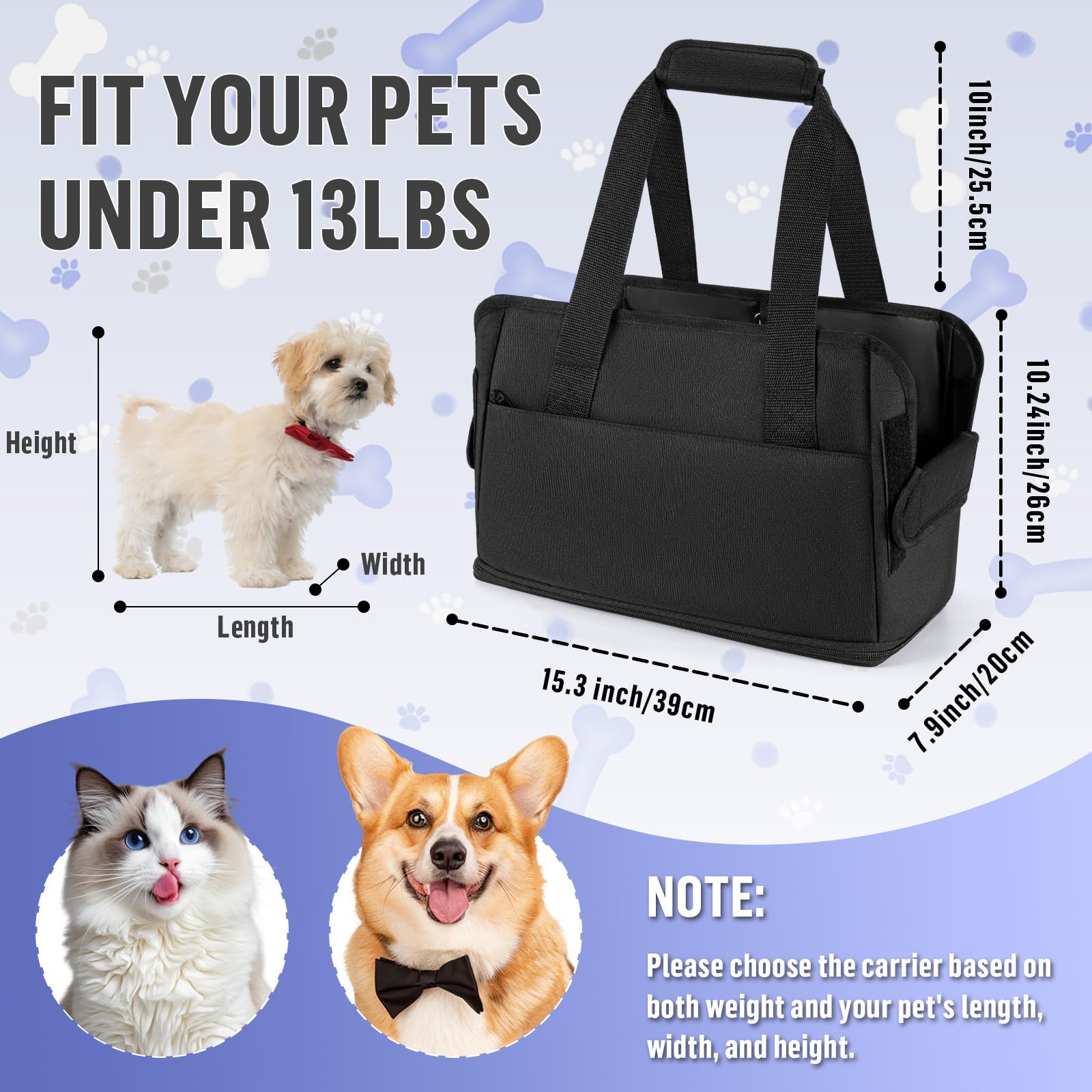 Bolso de Transporte para Perros y Gatos 6kg Plegable - Ajustable en Altura Oxford Impermeable Gran Capacidad para Mascotas Pequeñas 40*26*20CM
