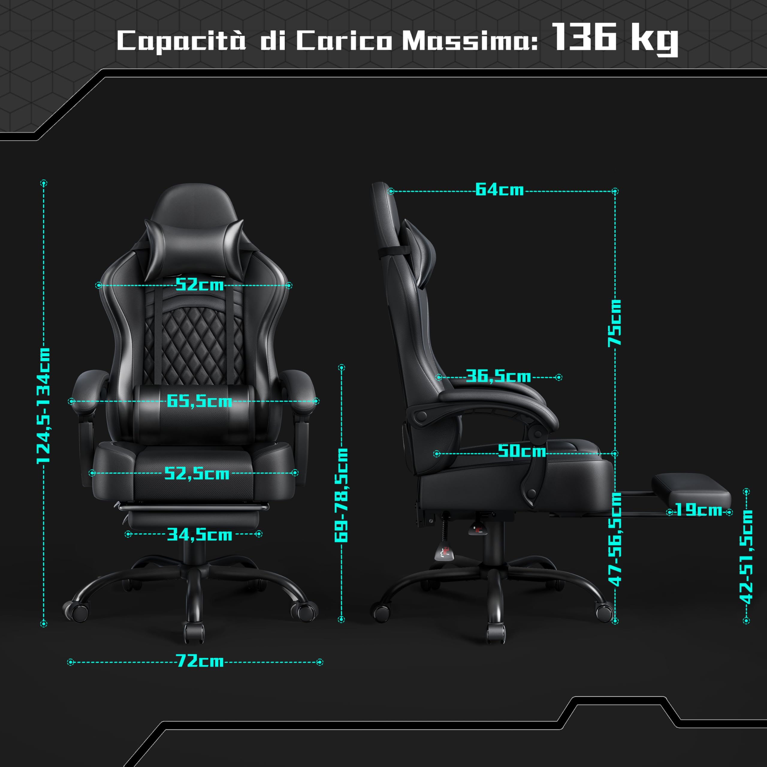 Sedia da Gaming Massaggiante, Sedia da Ufficio con Poggiatesta, Poggiapiedi e Cuscino Lombare, 360° Girevole, Regolabile in Altezza, Poltrona Gaming per Computer, Ufficio (Nero)
