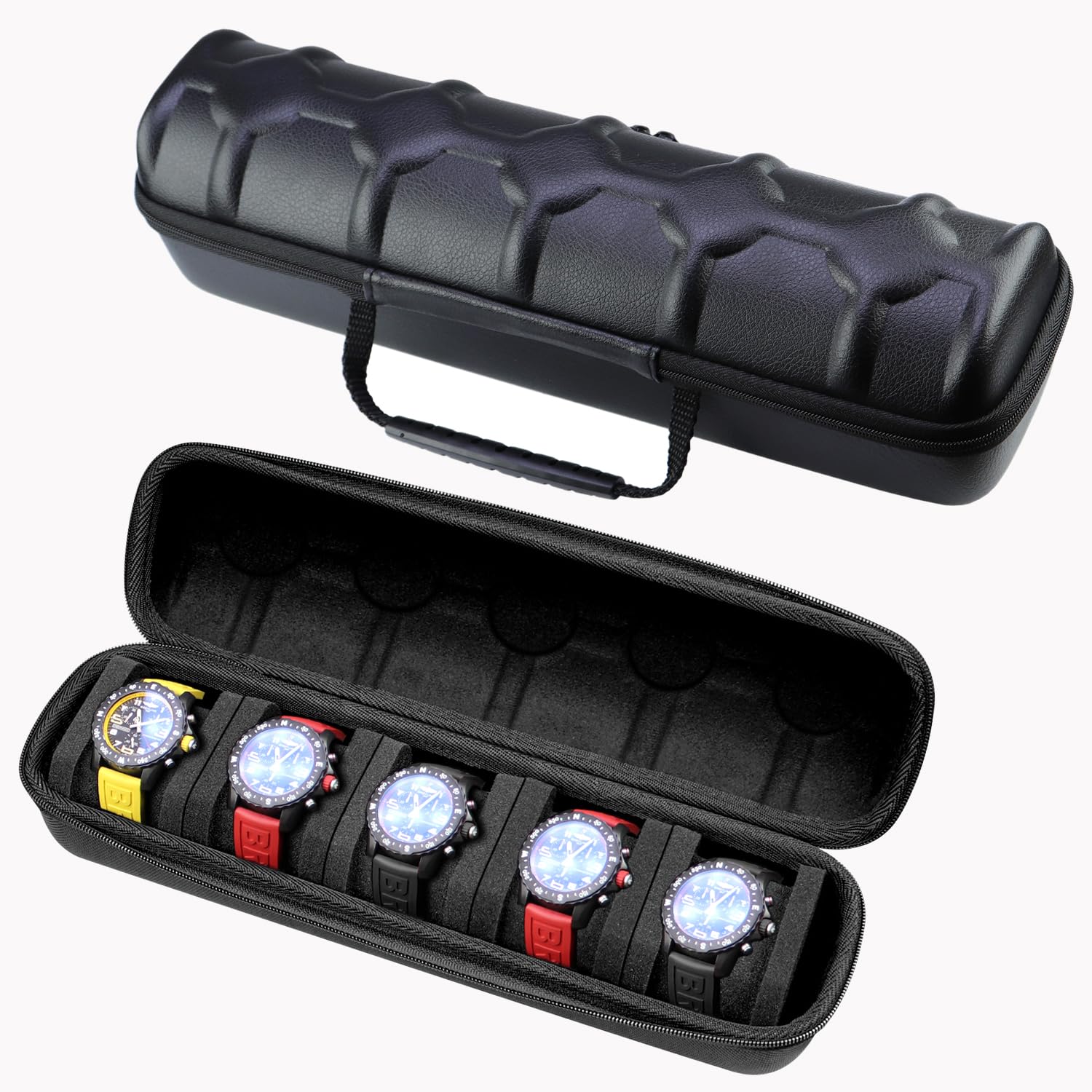 HVMBEUGOS Kai Tian PU-Leather Watch Box Hard Watch Storage for 5 Watches, Portable Zipper Watch Travel Case for Men and Women with Soft Compressible Foam Cushion