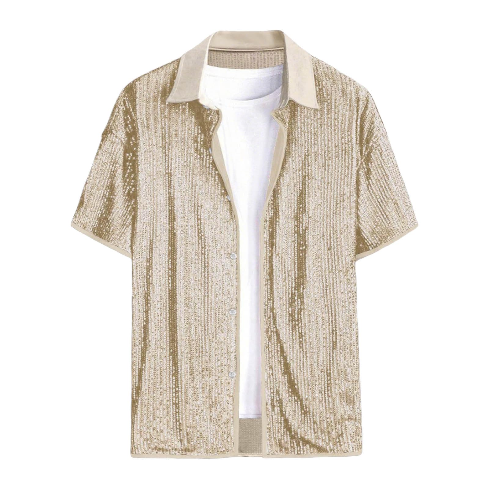 Chemise à Paillettes,discothèque,Brillante pour Homme,avec Paillettes Scintillantes des années 70,discothèque,Chemise à Paillettes,Chemise Vintage d'été avec Bouton à Paillettes F428