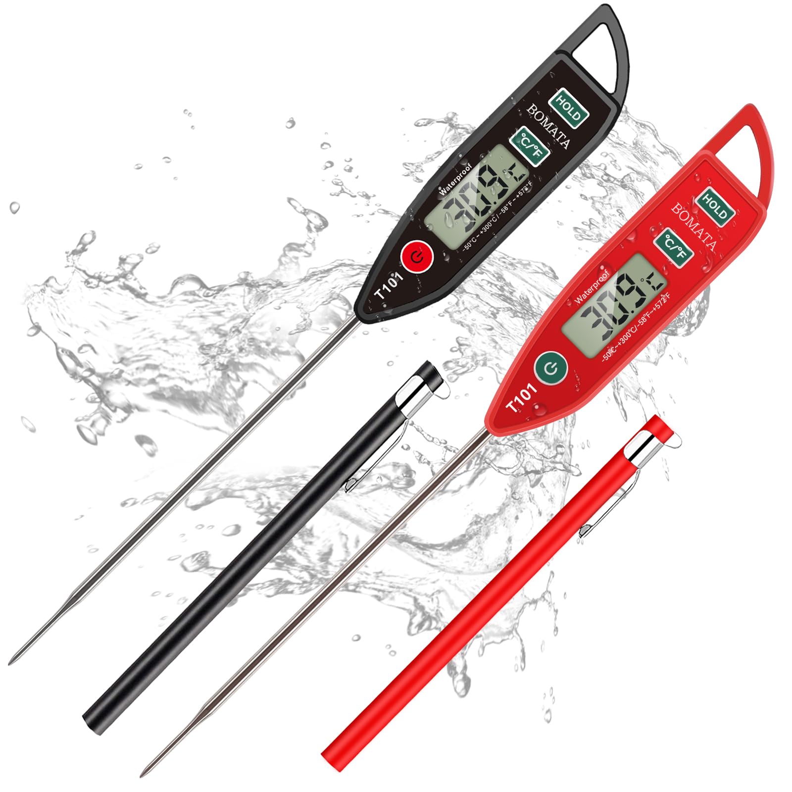 BOMATA Waterdichte IPX7-thermometer voor water, vloeistof, kaars en koken. Instant leesvoedselthermometer met lange sonde voor koken, vlees, BBQ! T101 (rode kleur