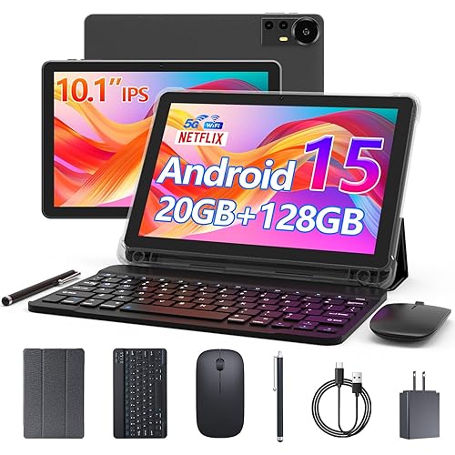 Android 15 Tablet 10 Inch, 20GB RAM+128GB ROM/2TB Expandable, 2.0GHz Quad-core Processor, 1280*800 HD Screen, 5G WiFi6 BT 5.0, 2 in 1 Tablets with Keyboard Case Mouse Stylus, Widevine L1 Black
