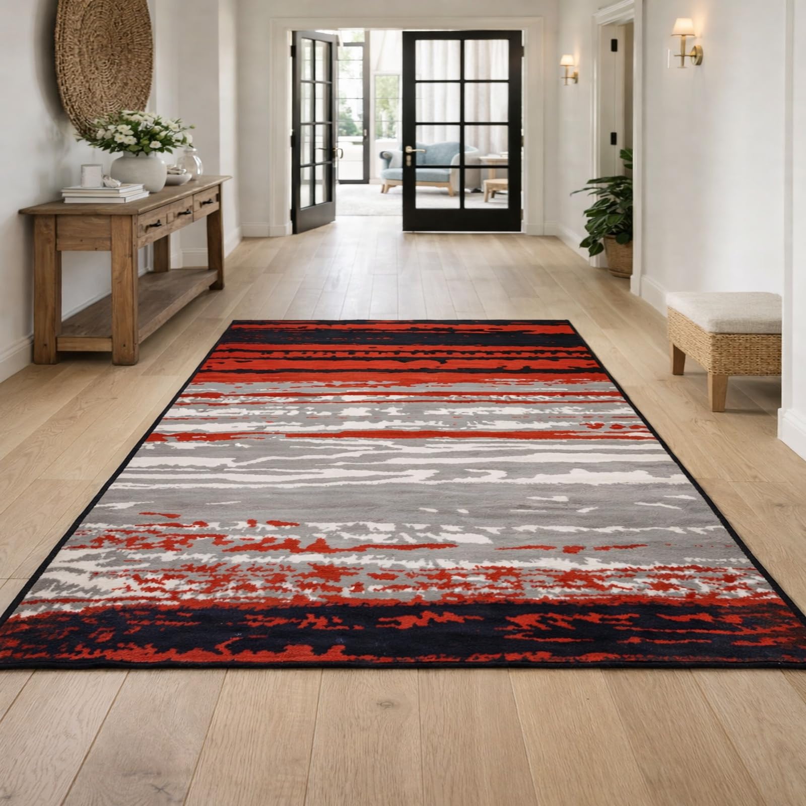 Tapis abstrait moderne rouge noir gris et blanc carré de 150x150 cm pour le salon