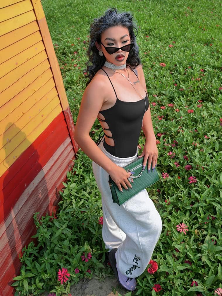 YMDUCH Women's Sexy Sleeveless Criss Cross Backless Cami Bodycon Bodysuit Tops - Image 6