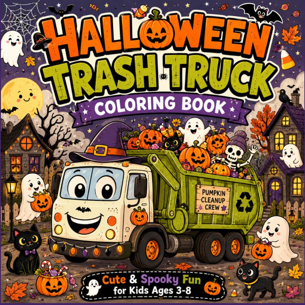 Halloween Trash Truck: Cute & Spooky Fun for Kids | Adorable Garbage Trucks, Pumpkins, Ghosts, Monsters, and Halloween Adventures