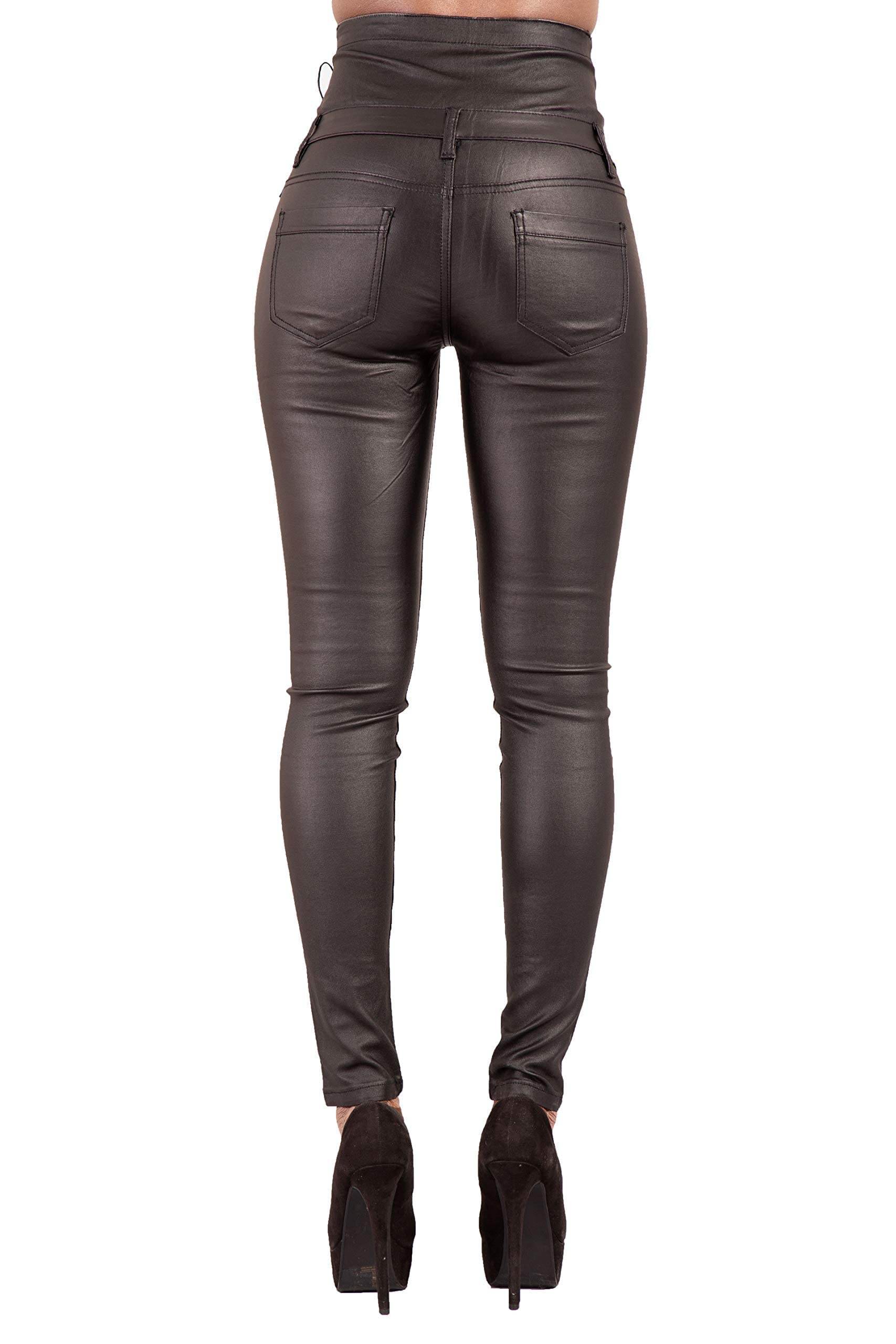 Pantalon Jean Taille Haute Aspect Cuir pour Femme | Pantalon Slim boutonné Sexy à Taille Haute pour Femmes