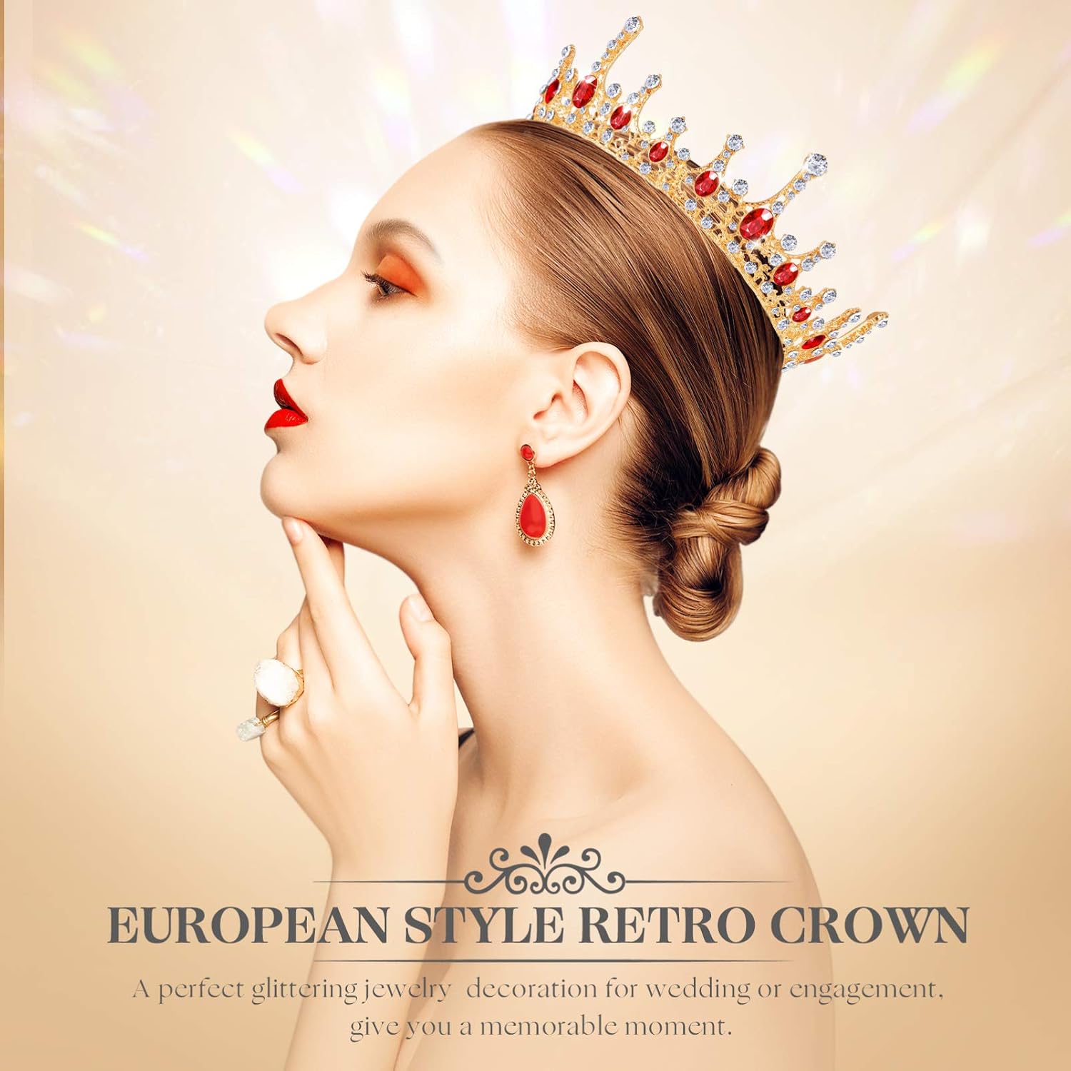 FRCOLOR Rhinestone Round Crown Baroque Queen Crown Princess Full Round Tiaras Wedding Bridal Headdress for Women Girls Costume Party Hair Accessories with Red Gemstones - Image 5