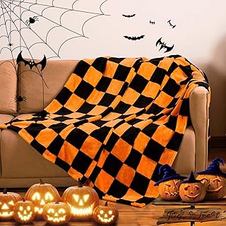 Throw Blanket Checkerboard Black and Orange(50x70inch), Orange Chessboard Flannel Blanket for Couch,Bed,Sofa, 300GSM Soft Cozy Comfy Warm Checkered Blanket Halloween Decor for All Season