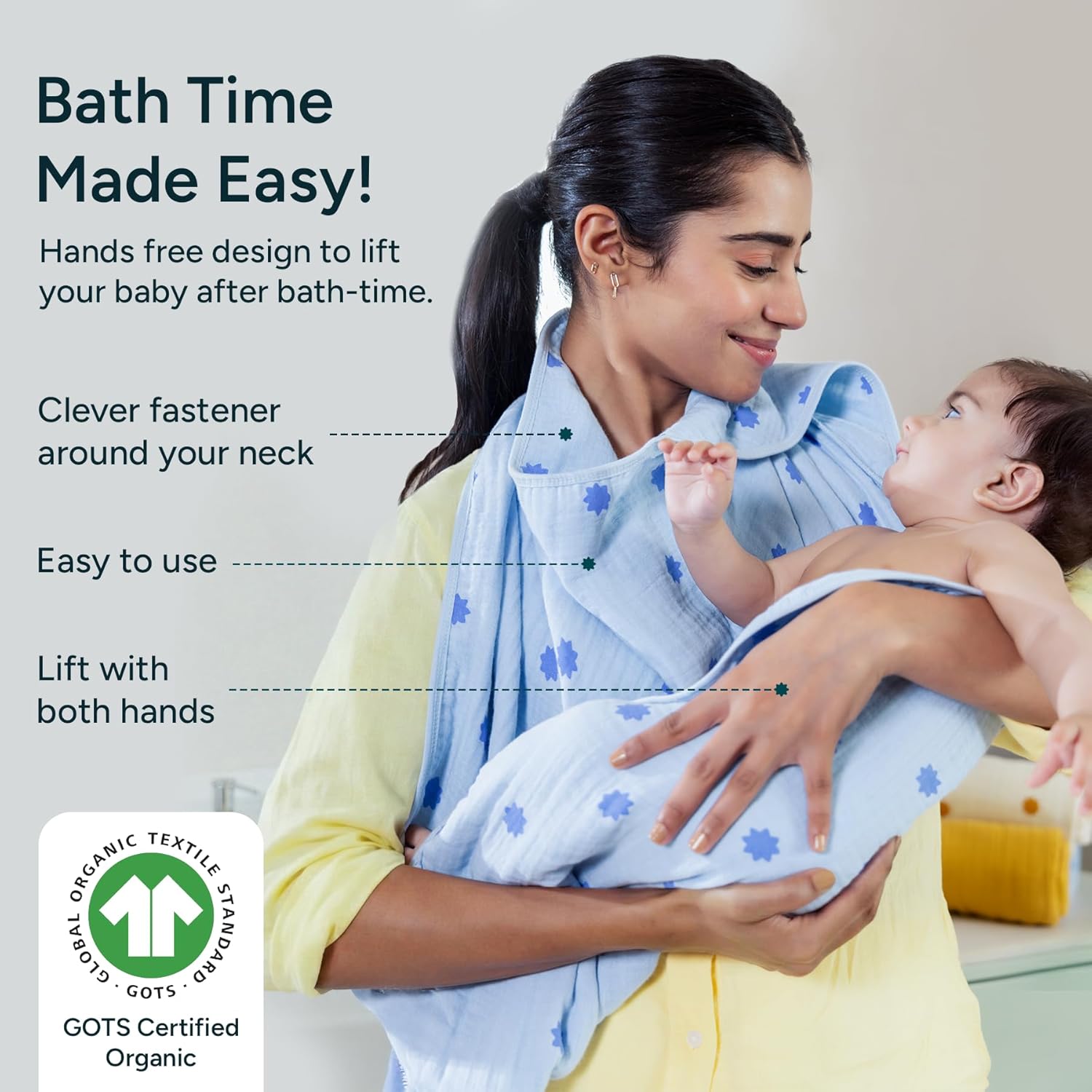 Hands-Free Hooded Towel - 100% Organic Premium Muslin Cotton, 30" x 30", Ultra-Absorbent, Soft, Breathable, Hypoallergenic, Multipurpose, Gifts for Babies & Infants, Pack of 2