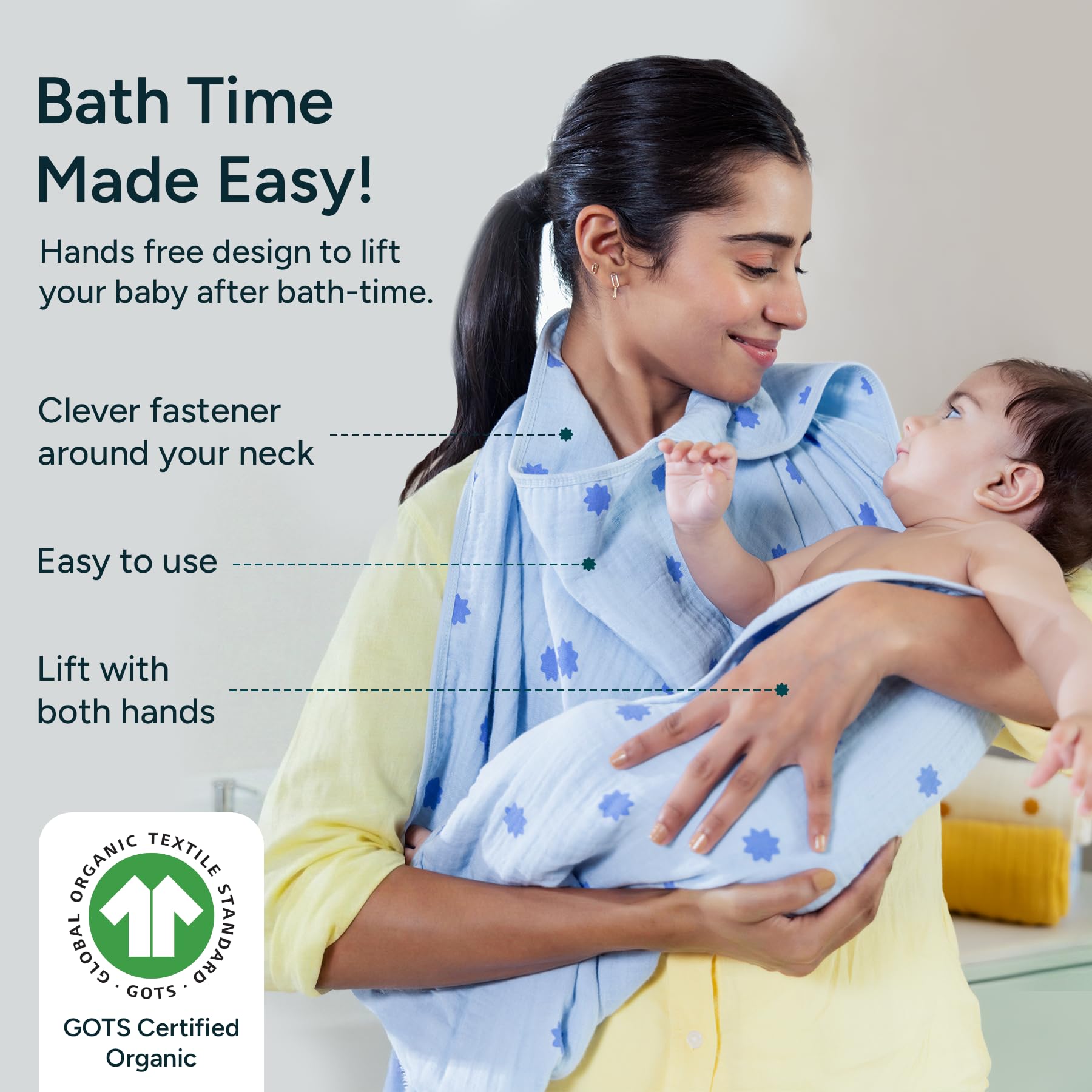NINTARABABY Hands-Free Hooded Towel, 100% Organic Premium Muslin Cotton, 30" x 30", Ultra-Absorbent, Soft, Breathable - Image 2