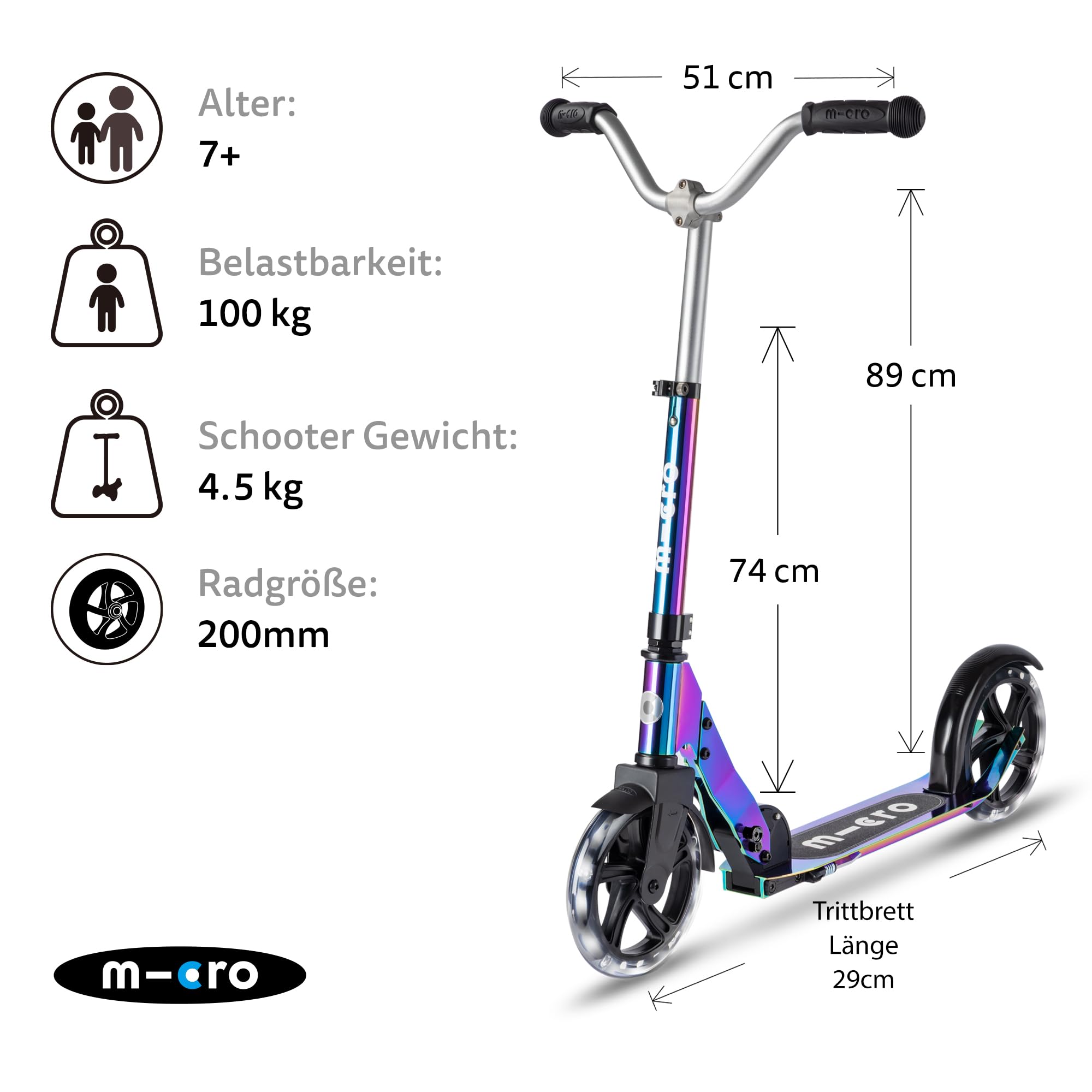 micro™ Cruiser LED | Das ORIGINAL | Kinderroller ab 5 Jahren | Höhenverstellbar & klappbar | Inklusive LED Rollen | stylischer V-Lenker und große Räder | Tretroller für Jungen und Mädchen