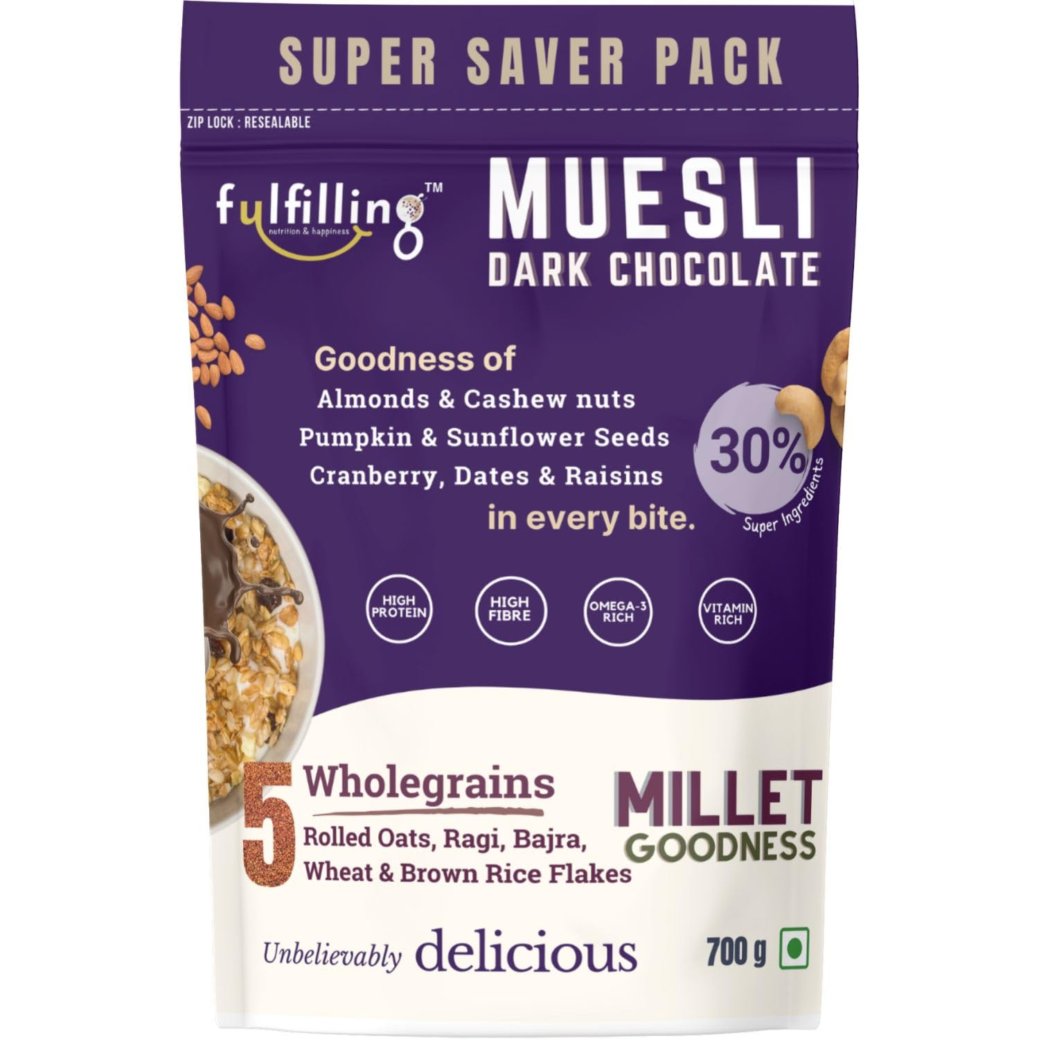 Fulfilling Chocolate Muesli- Tasty & Healthy Breakfast Cereal 700g, Dry fruit & Nuts, Omega 3 rich Pumpkin & Sunflower Seeds + Cranberry | Rolled Oats + Millet Flakes | Vegan (B0CWPGDWKY) Amazon Price History, Amazon Price Tracker