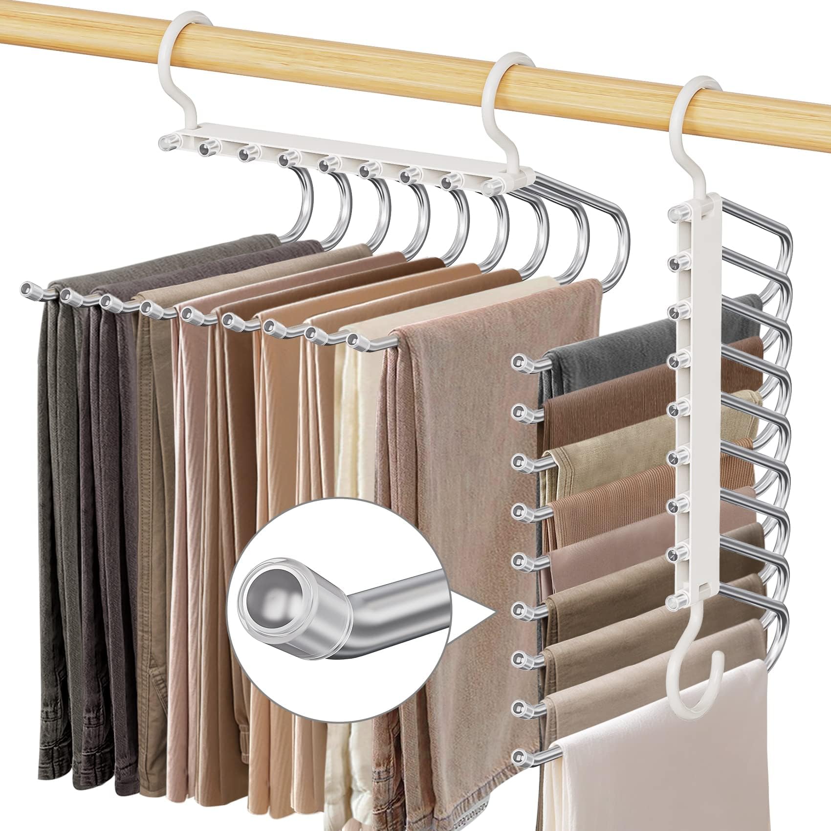 Set di 2 Grucce Pantaloni Salvaspazio Antiscivolo Resistenti in Acciaio Inossidabile Con 6 Aste - Appendi Pantaloni da Armadio Appendiabiti Multifunzionale Stampelle con Ganci (2 GRUCCE