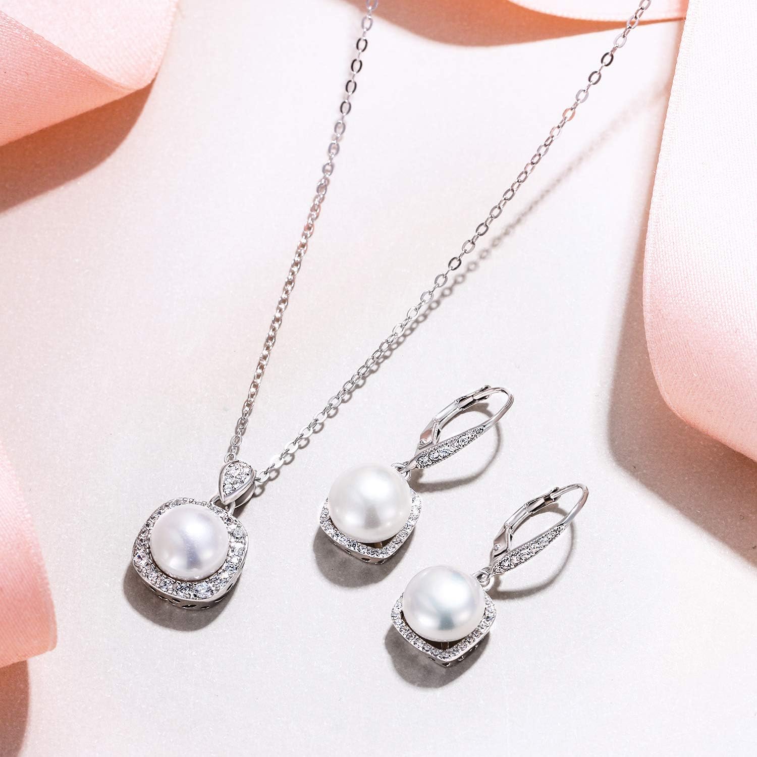 EVER FAITH Woman's 925 Sterling Silver Cubic Zirconia AAA Freshwater Cultured Pearl Necklace Earrings Set Birthday Mother's Day Jewlery Gift for Wife, Mom - Image 4