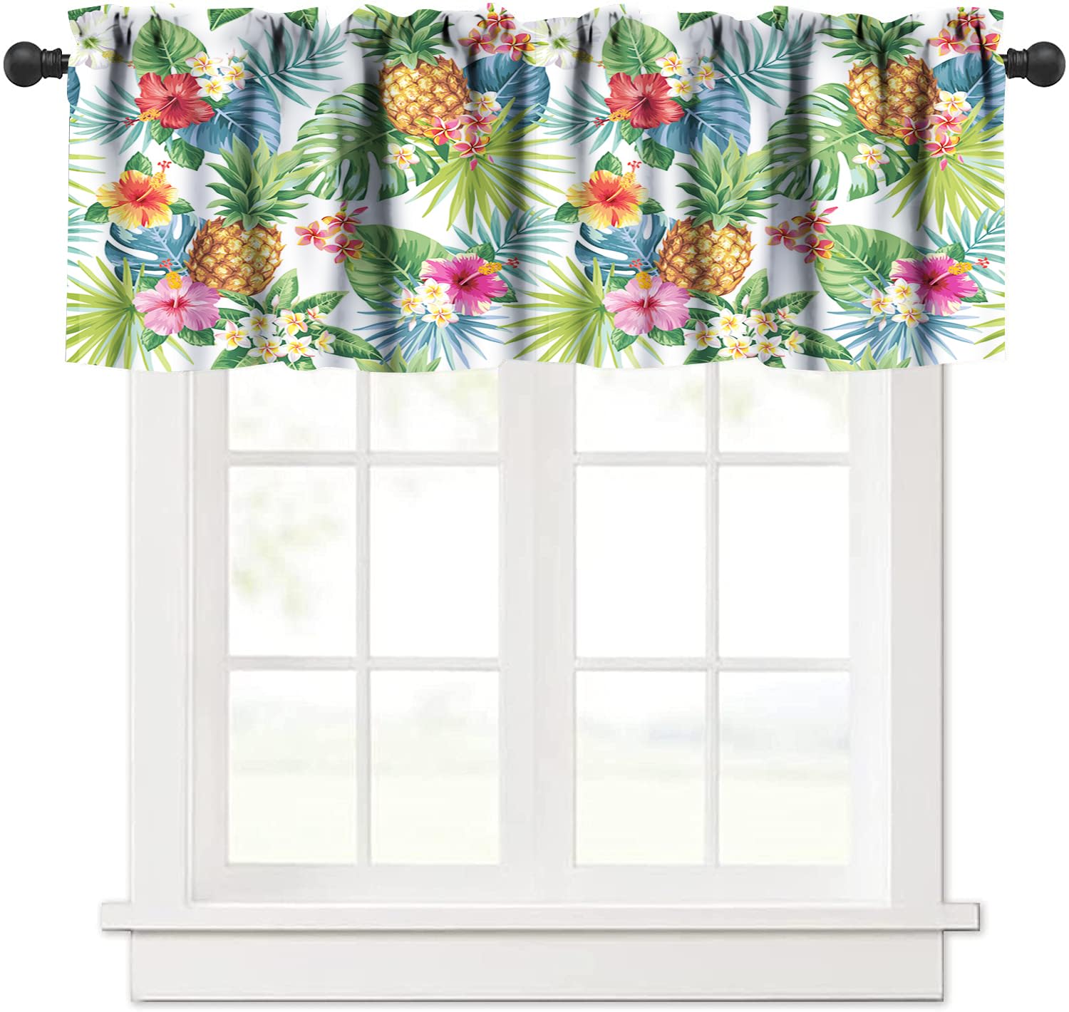 HZOHNAGO Tropical Window Valance Curtains Summer Pineapple Fabric Green Plant Flower Pattern Short Curtain for Kitchen Living Room Bathroom Windows