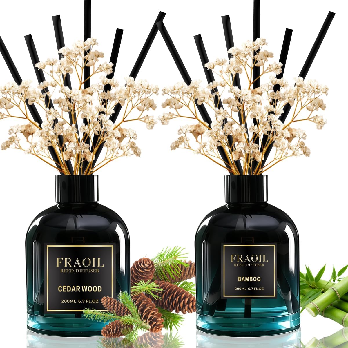 Cedar Wood and Bamboo Reed Diffuser Set 6.7 fl oz (200 ml) with 6 Reed Sticks, Home Fragrance Reed Diffuser for Bathroom Shelf House Bedroom Office Decor