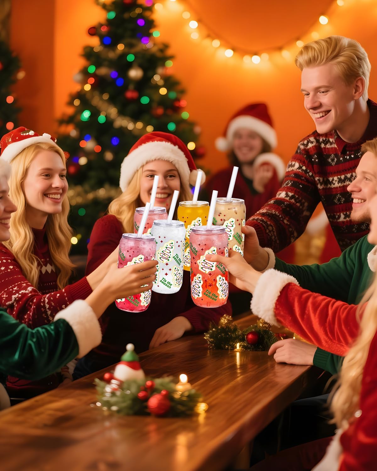 Ciaell 16 Pack Christmas Tree Plastic Cups - 16oz Can Shaped Drinking Glasses with 32PCS Lids and 16PCS Straws for Coffee Cocktail Soda Boba Beer Smoothie Christmas Party Gift - Image 3
