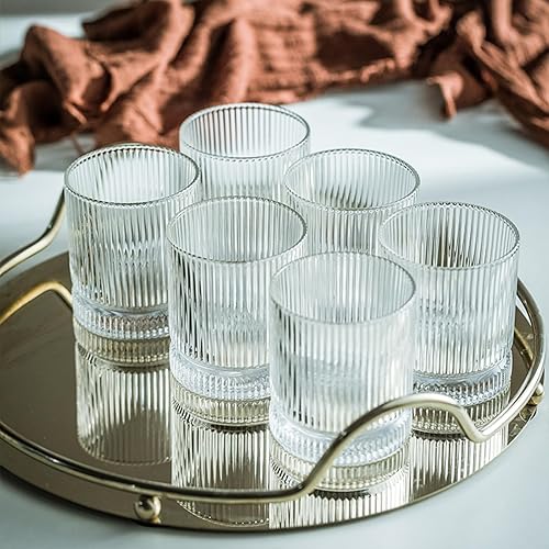 Miniatura 5 de Juego de vasos de vidrio acanalado, juego de cristalería vintage de 13 onzas, 6 piezas de cristalería premium, elegante juego de cristalería mixta,