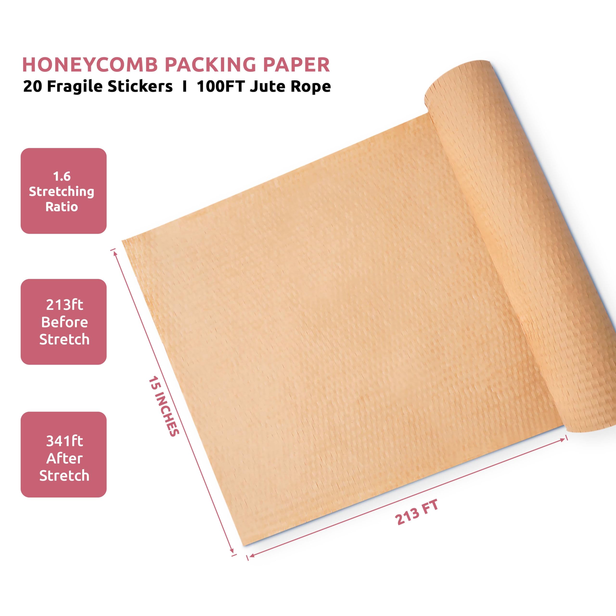 Papel de embalaje de panal para mudanzas, rollo de papel de regalo marrón a prueba de golpes de 15 pulgadas x 213 pies, con 20 calcomanías frágiles y cordel de yute de 100 pies, rollo de envoltura de