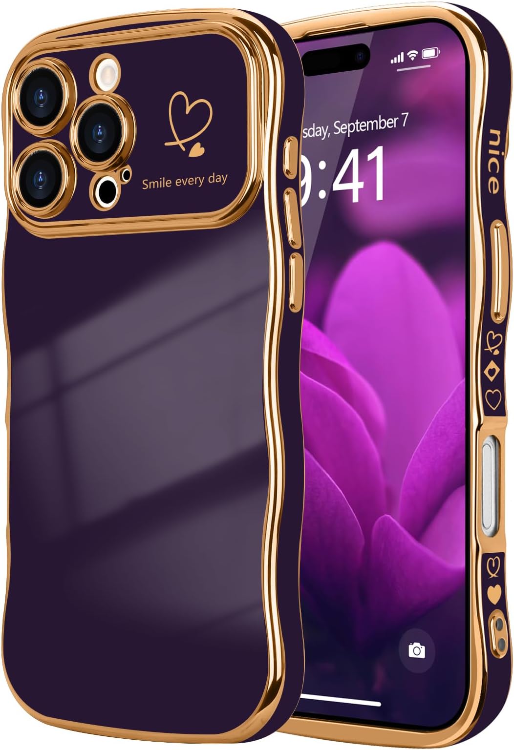 LCHULLE for iPhone 16 Pro Max Case for Women Girls,Cute Curly Wave Frame Shape Love Heart Pattern Phone Case,Raised Camera Protection Plating Shockproof Cover for iPhone 16 Pro Max 6.9",Dark Purple