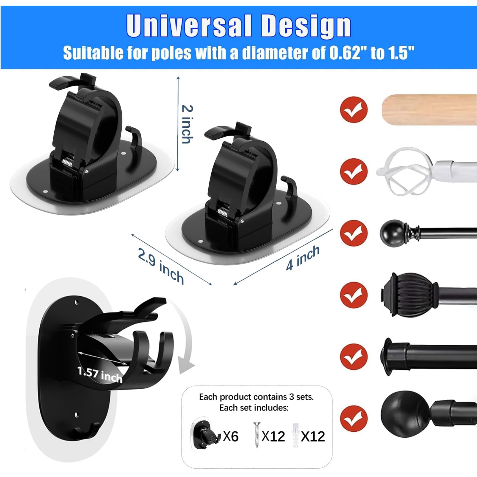 Ganci Per Tende Autoadesivi - 12 Pezzi Trasparenti, Senza Forare, Per Asta Fino A 2.2 Cm, ABS E Acciaio - Foto 5