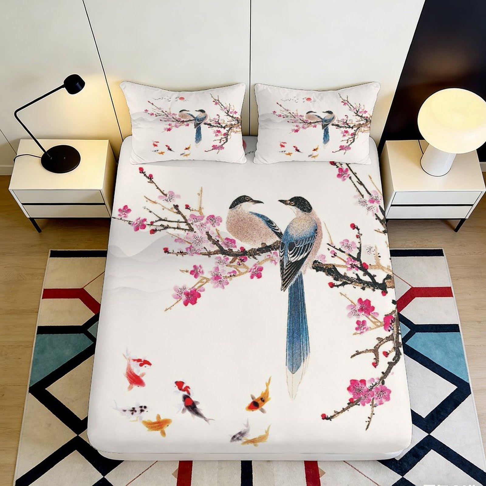Pnayamiorkfel Style-8 3D Printed Oriental Bird Flower Fitted Sheet Microfiber Soft Anti-Slip Goldfish Mattress Cover For Bedroom Decor 90X200x25cm