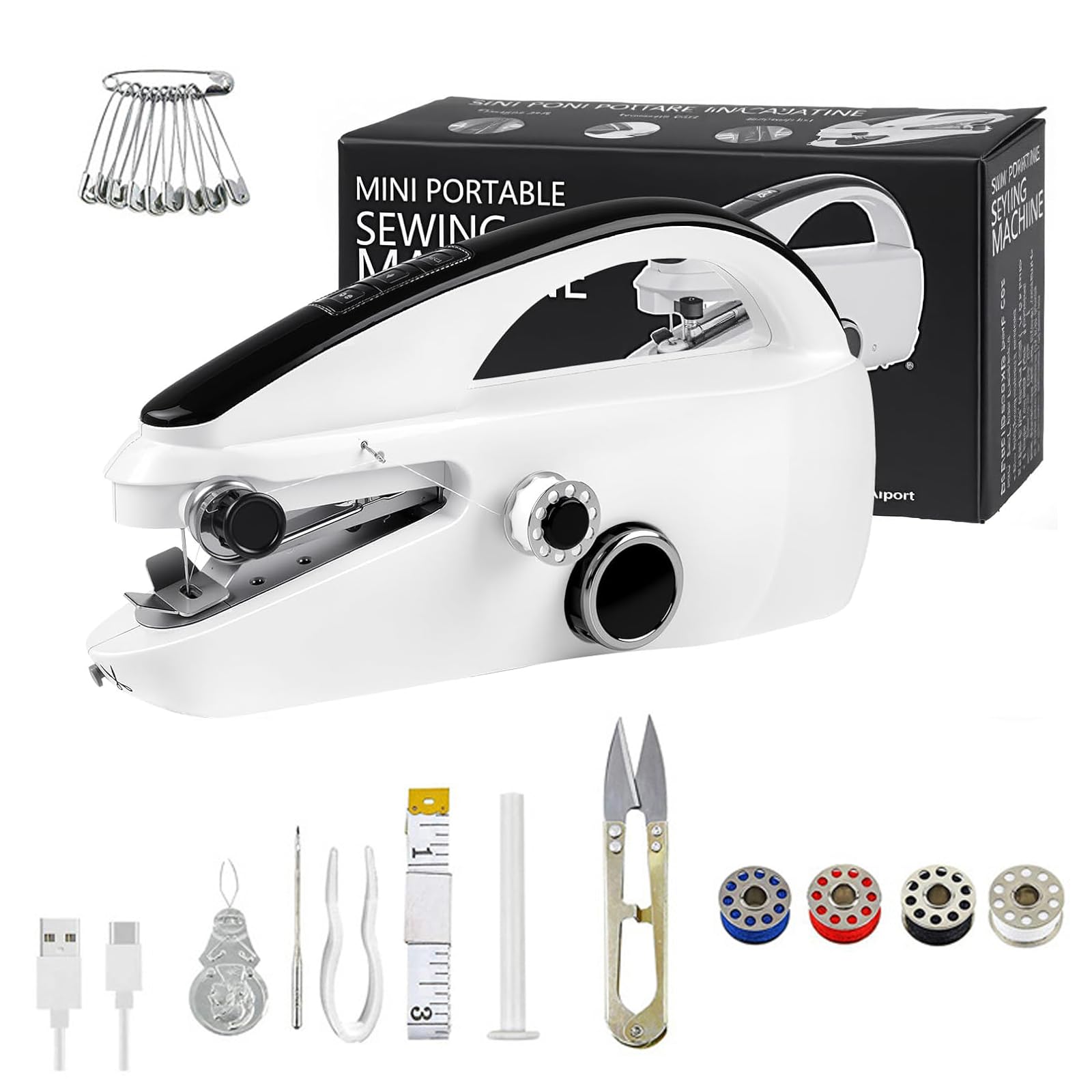 Máquina de Coser Manual de Doble Alimentación – Mini Máquina Portátil, 375 PPM, con Kit de Costura para Principiantes & Hogar