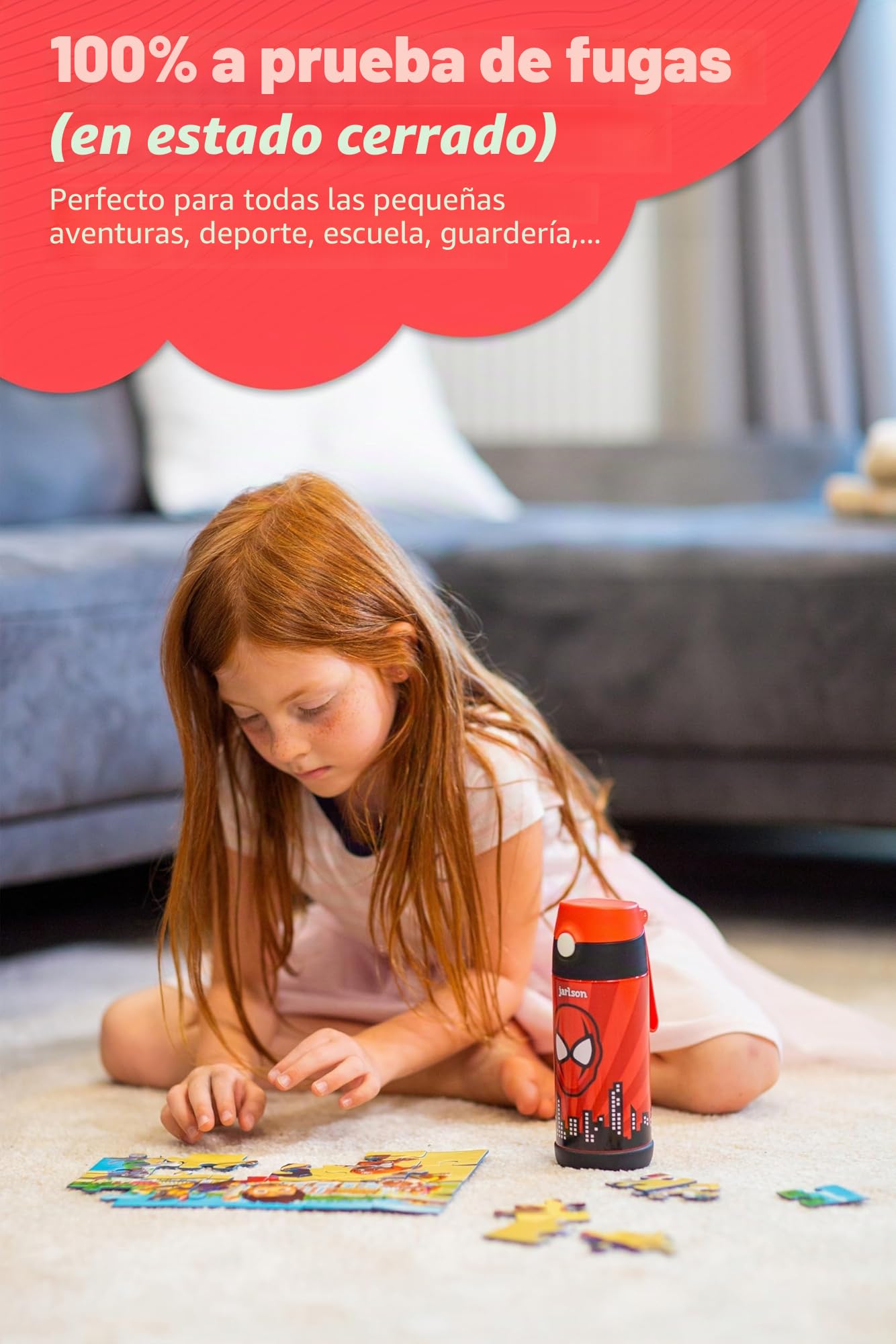 Jarlson® Botella Agua Niños & Niñas CHARLI [ACERO INOXIDABLE] - Garrafa Térmica Infantil Sin BPA - Water Bottle con Pajita - Botellas Inox a Prueba de Fugas - Para Escuela (350ml Superhéroe)