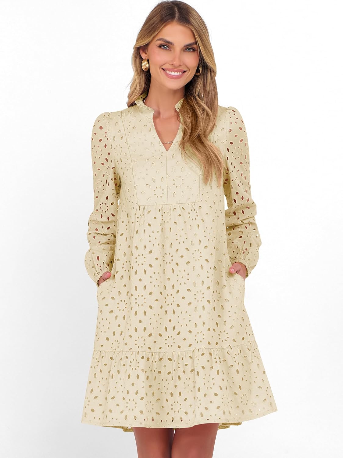 Caracilia Womens Dresses Long Sleeve V Neck Eyelet Hollow Out Fall Casual Flowy Swing Boho Tiered 2025 Mini Short Dress - Image 2