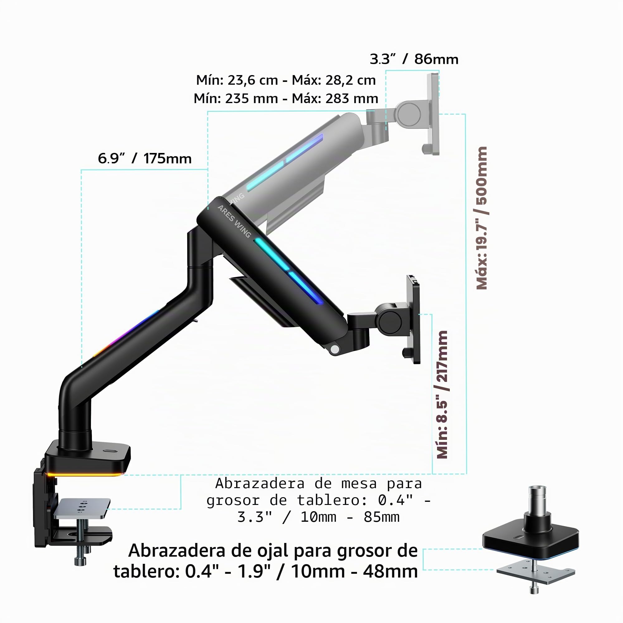 ARES WING Ergonomic Brazo de Monitor RGB para monitores de 17 a 49", Blanco | Capacidad de Carga de hasta 20 kg, Resorte de Gas, diseñado para Gamer