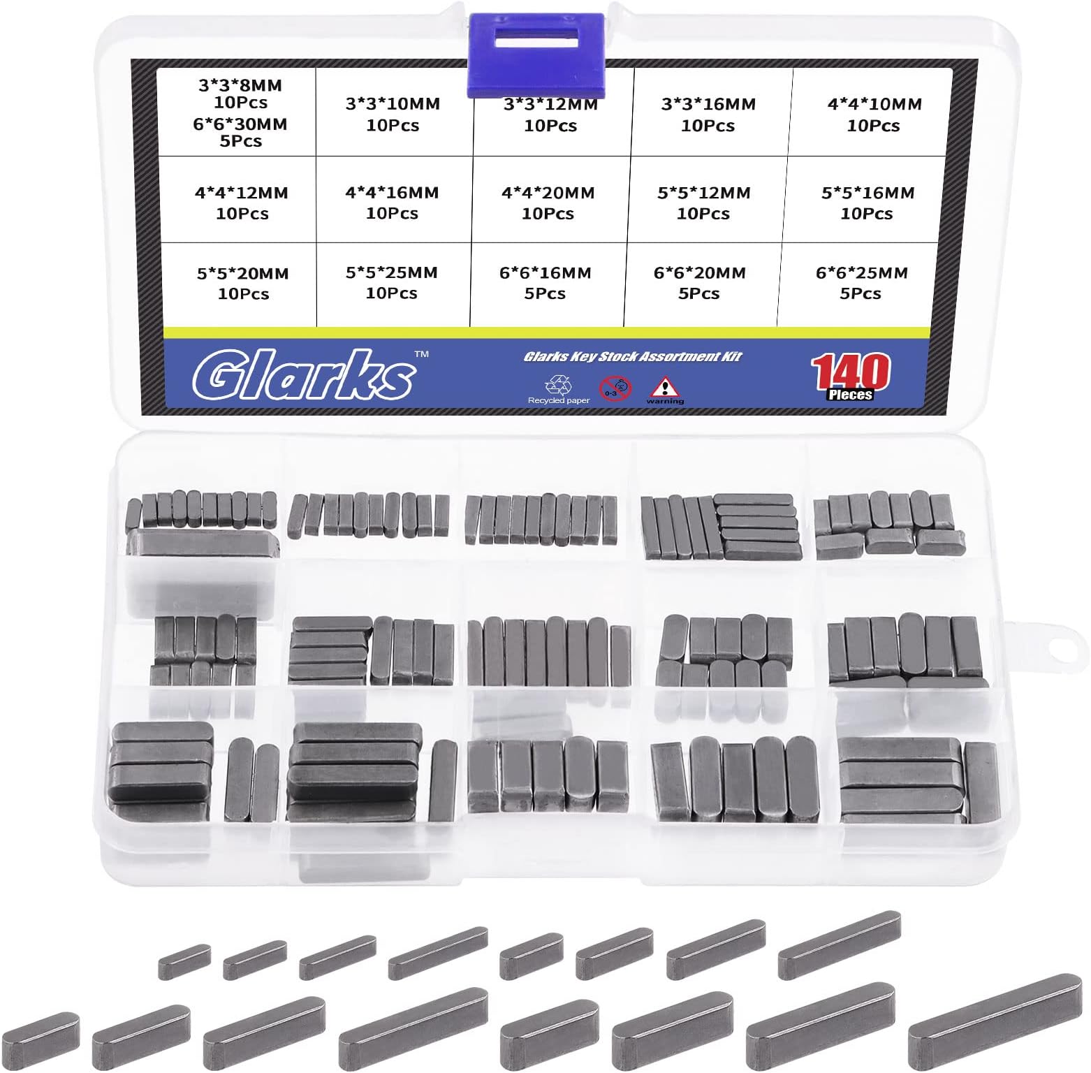 Glarks 140Pcs 16 Sizes Key Stock Keystock Assortment Kit, 8mm 10mm 12mm 16mm 20mm 25mm 30mm Smooth Round Ended Feather Key Parallel Drive Shaft Keys Set