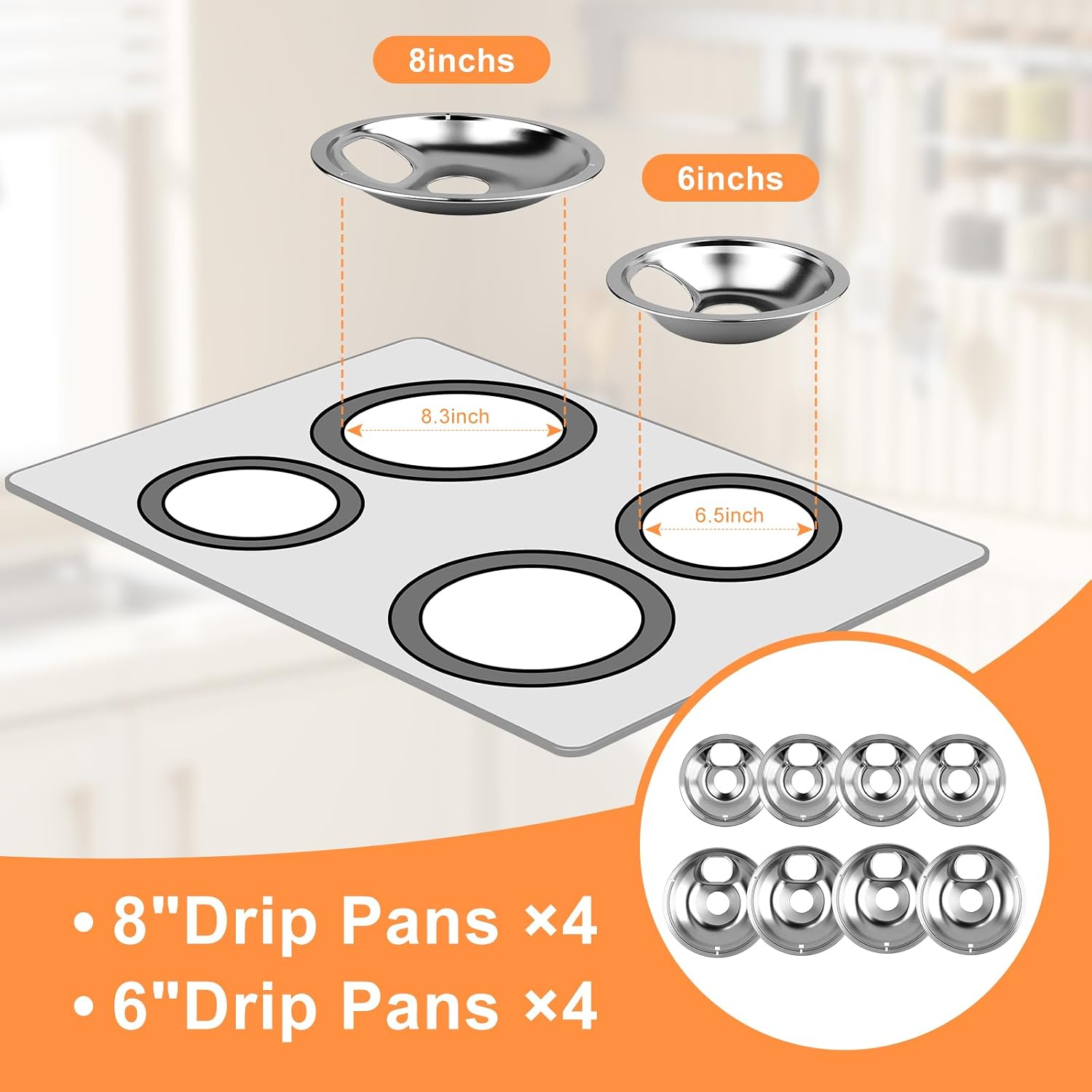 8PCS Electric Stove Drip Pans, Chrome Stove Burner Drip Pan for Whirlpool Amana Maytag Magic-Chef Kenmore Electric Range with Locking Slot, Includes Silver 4PCS 6Inch and 4PCS 8Inch Drip Bowls