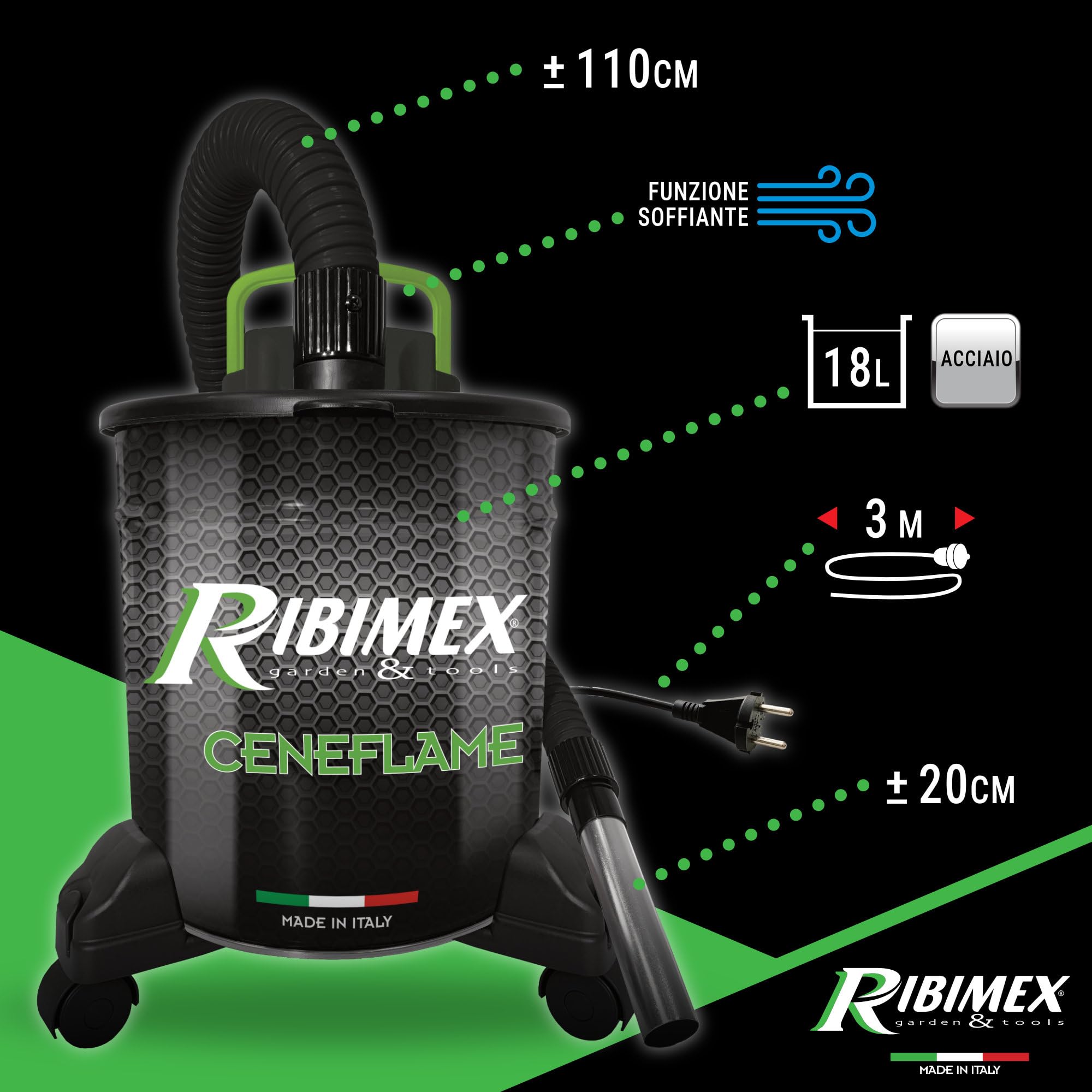 Ribimex Aspiracenere Elettrico Ceneflame 18L 1200W con Filtro HEPA Lavabile PRCEN007