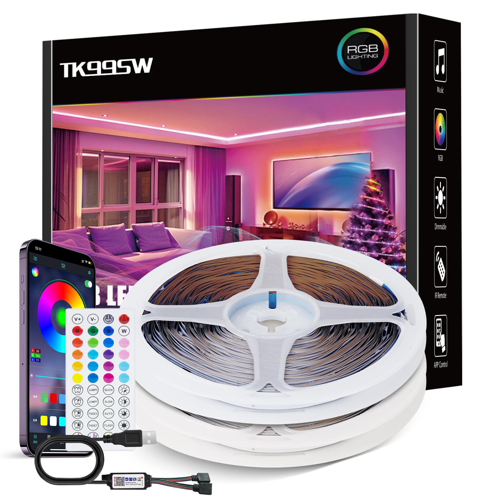 Led Strip 20m, Bluetooth RGB Farbwechsel Streifen, Mit Fernbedienung App, Dimmbar Sync Musik, Band Selbstklebend Beleuchtung Für Schlafzimmer/Decke/Schrank/Party Ornament