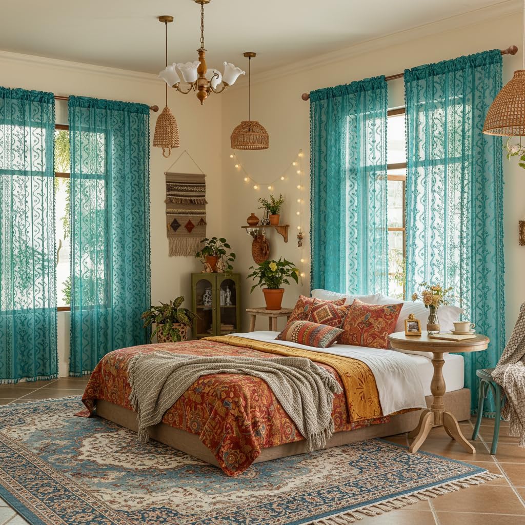 ターコイズ シアーカーテン 2パネル(2枚セット、幅52x長さ63)、ロッドポケット ボーホー タッセル ヴィンテージ 花柄 レース