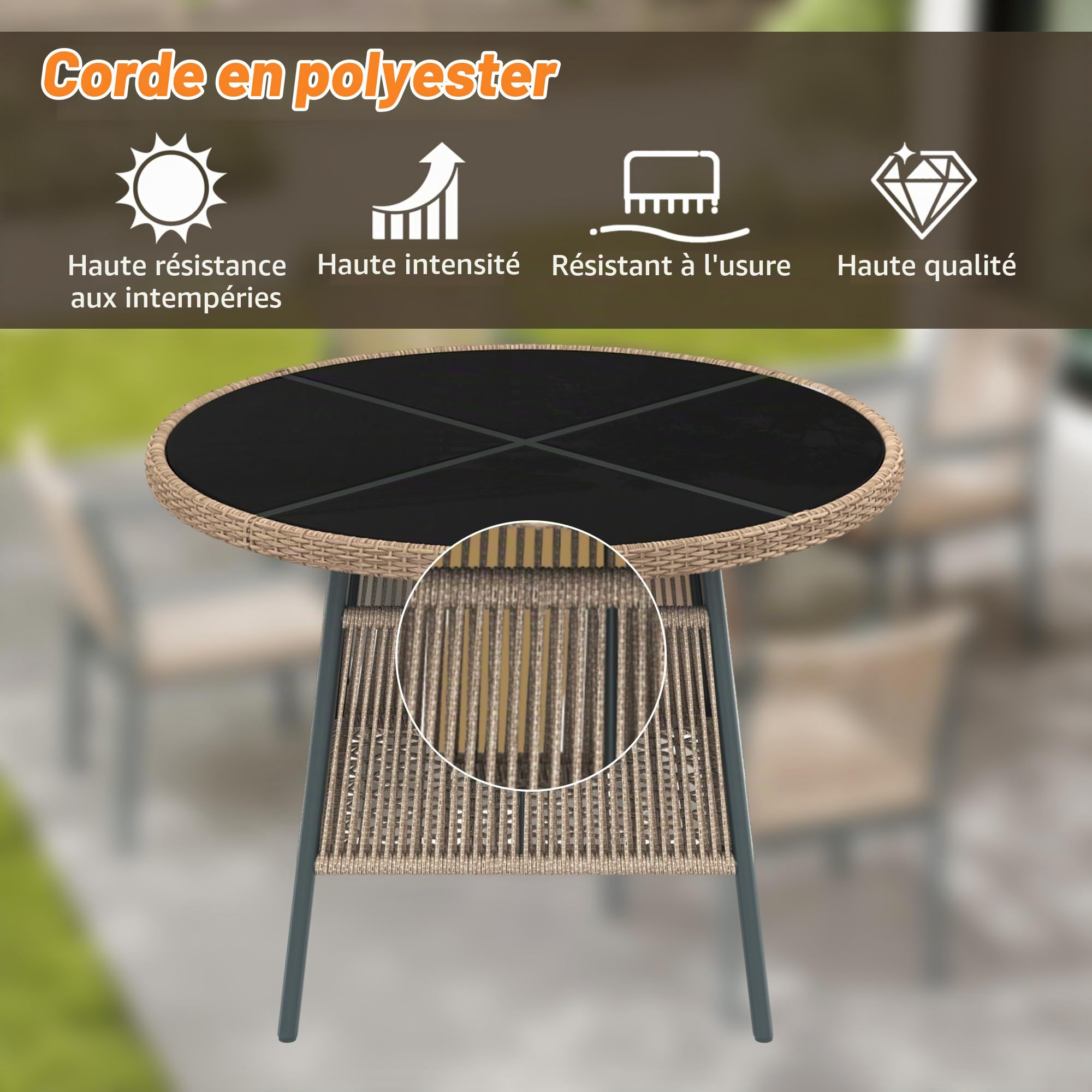 Salon de Jardin Extérieur en Résine Tressée 4 Places,4 Chaises et 1 Table Ronde,Coussin,Ensemble de Bistrot pour Jardin en Fonte Aluminium,Rotin Set de 5 pcs,Balcon,Patio