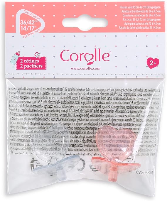Corolle - Heart Shaped Doll Pacifier Accessory for 14-17 Dolls, 2 Pack, Clear/Pink (140370)
