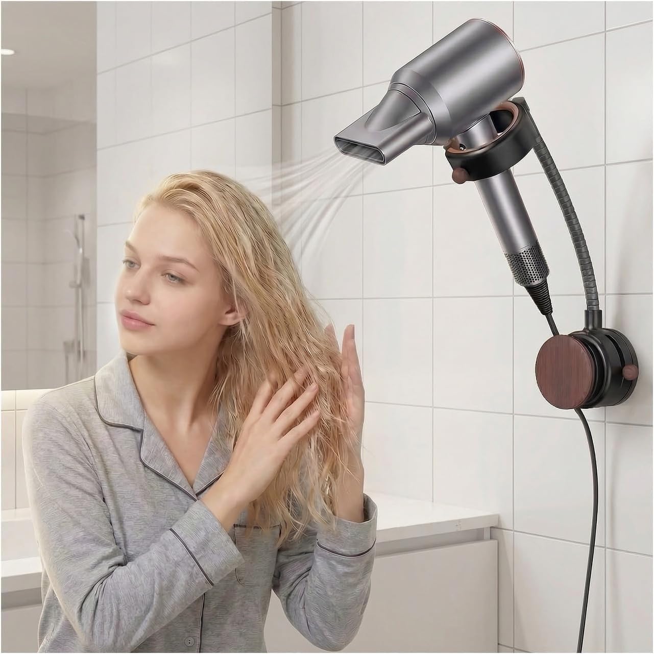Wall Mounted Hair Dryer Holder | No Drill Hair Dryer Stand with Strong Suction Cup | 360° Rotating Adjustable Hose | Walnut Wood Grain Finish | Hands-Free Hair Styling Holder for Bathroom & Salon-image-27