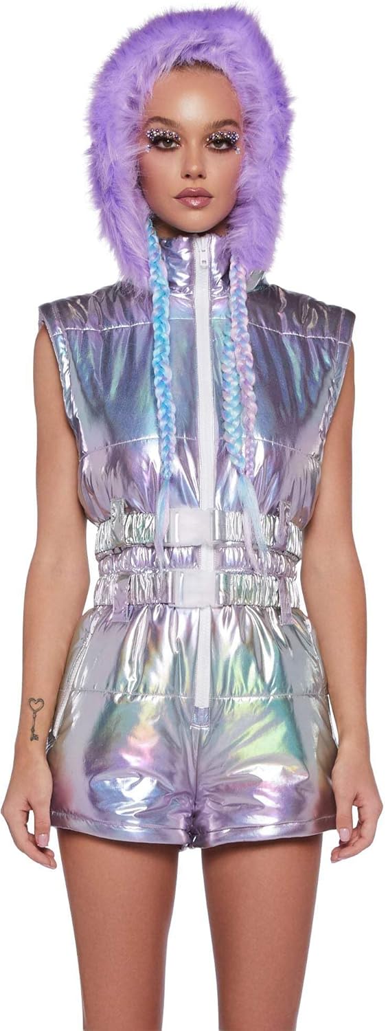 Dolls Kill Aurora Beam Holographic Snowsuit – Waterproof Winter One-Piece with Removable Sleeves & Adjustable Fit