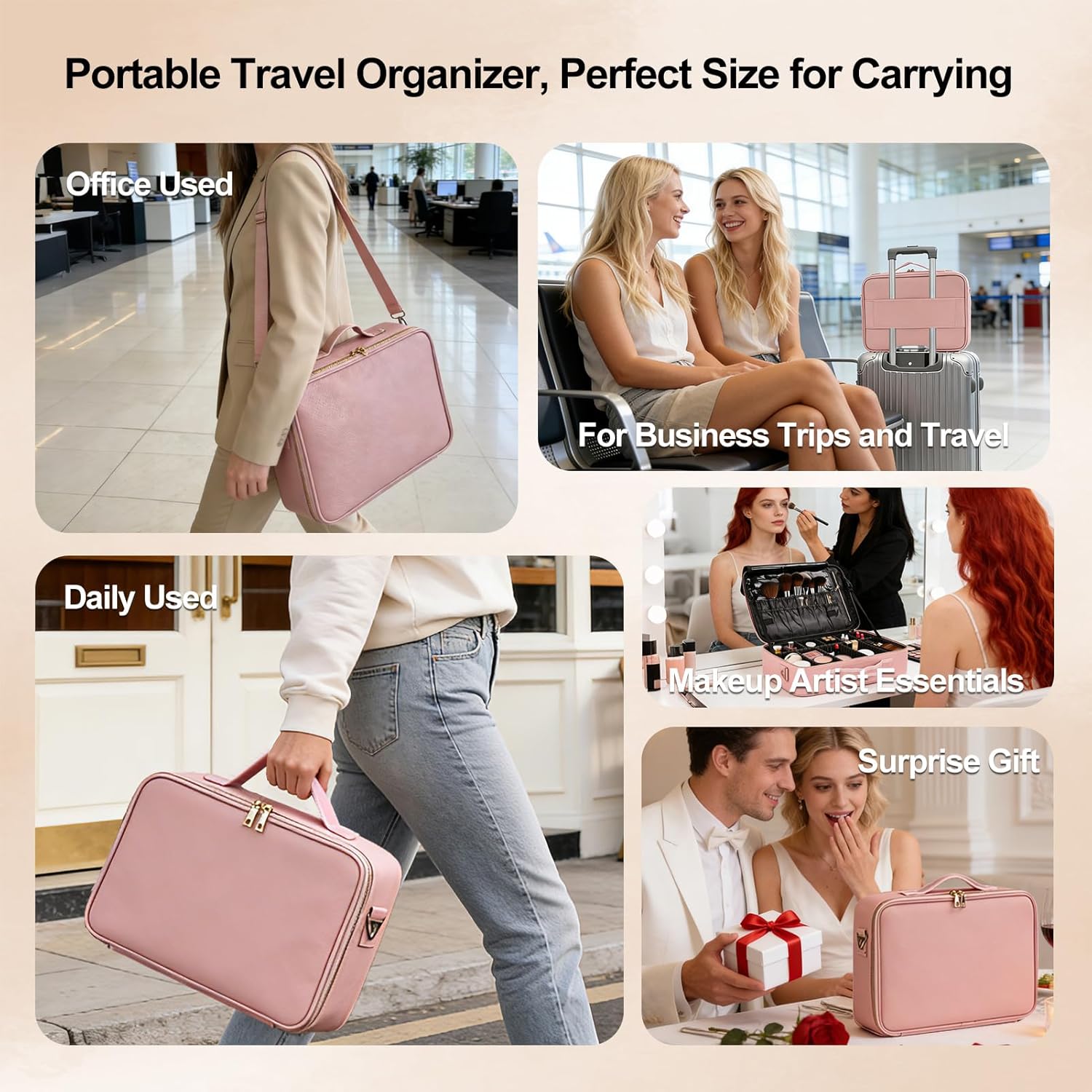 Large Travel Makeup Case, Professional Makeup Train Case Organizer for Women, Cosmetic Brush Bag Holder Waterproof Makeup Artist Storage Box with Adjustable Dividers and Shoulder Strap, Leather Pink