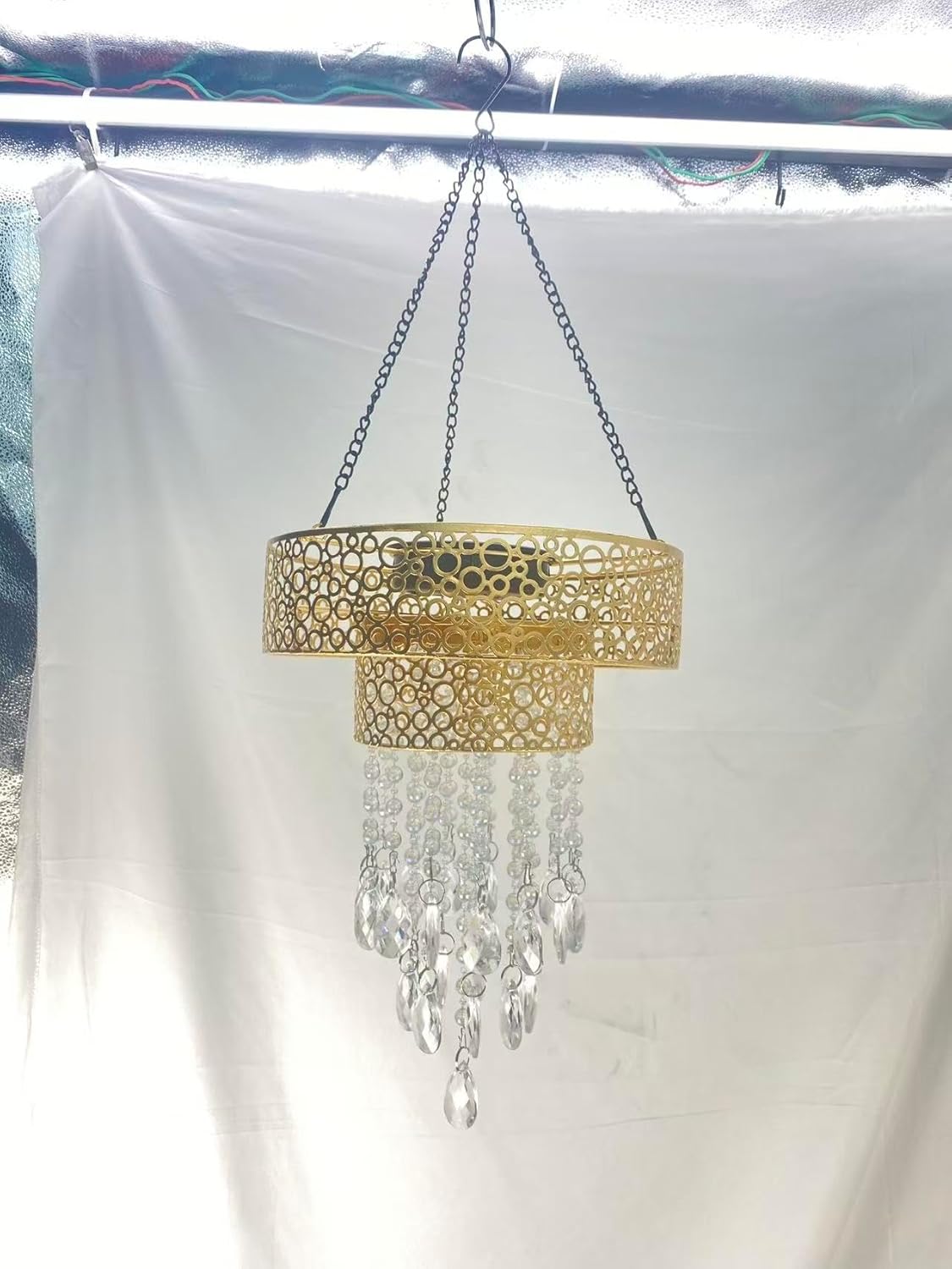Solar Powered Hanging Chandelier Gold Metal Frame Acrylic Crystal Waterproof Outdoor Hanging Light for Patio, Wedding, Party, Garden Decor Rechargeable LED Pendant Lamp with Auto On/Off