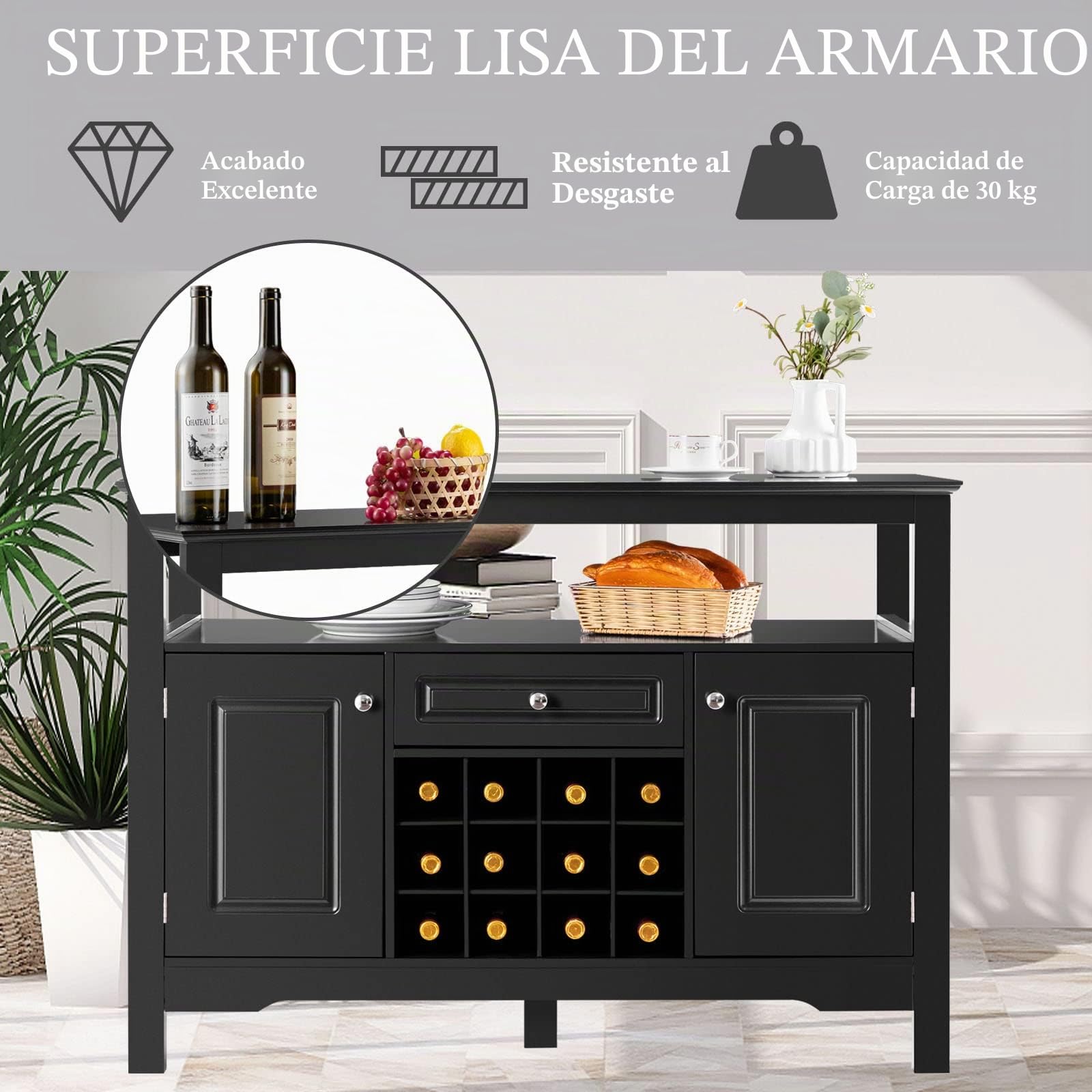 LIFEZEAL Aparador de Cocina con 12 estantes para vinos (Negro)