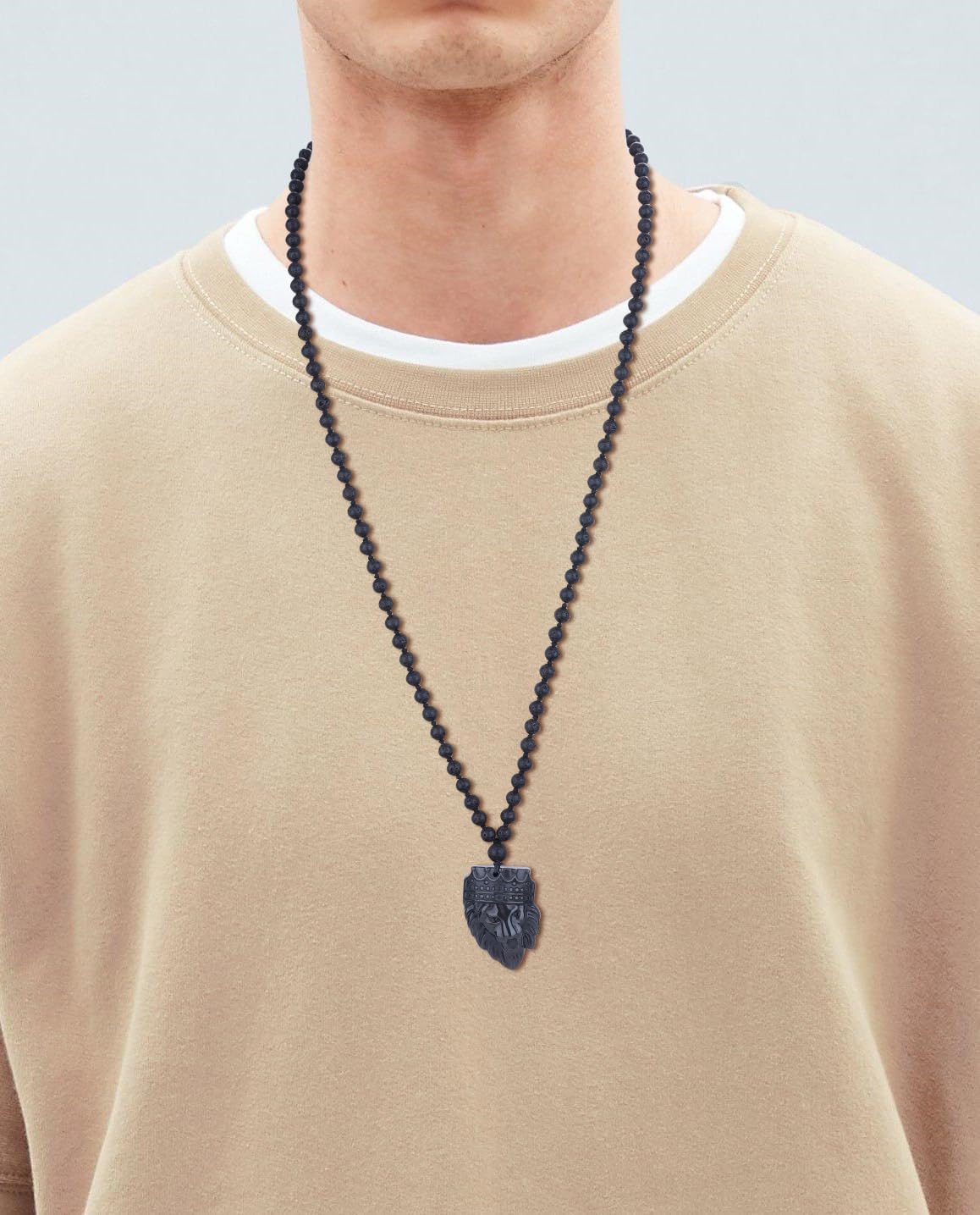 COAI Handmade 108 Mala 6mm Lava Beaded Necklace for Men, Black Obsidian Lion Pendant Necklace for Men 33.5"