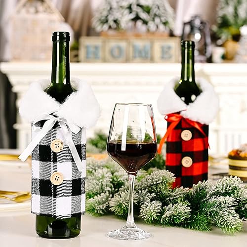 Miniatura 4 de Juego de 2 piezas para botella de vino con cuello de piel sintética, botella de vino a cuadros para decoración de fiestas de Navidad