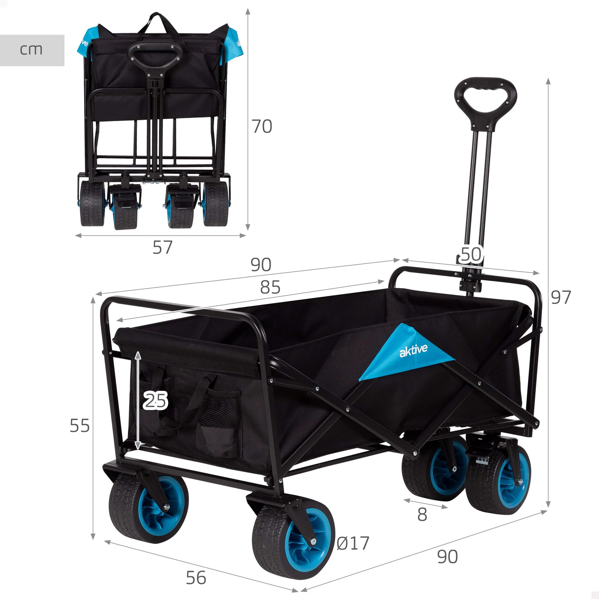 AKTIVE Carro Transporte Plegable, 90x50x97 cm, Carro Playa con 4 Ruedas, Carro portatodo, hasta 80 kg, Estructura en Acero, Gran Capacidad Almacenamiento, Carro Negro (62502)