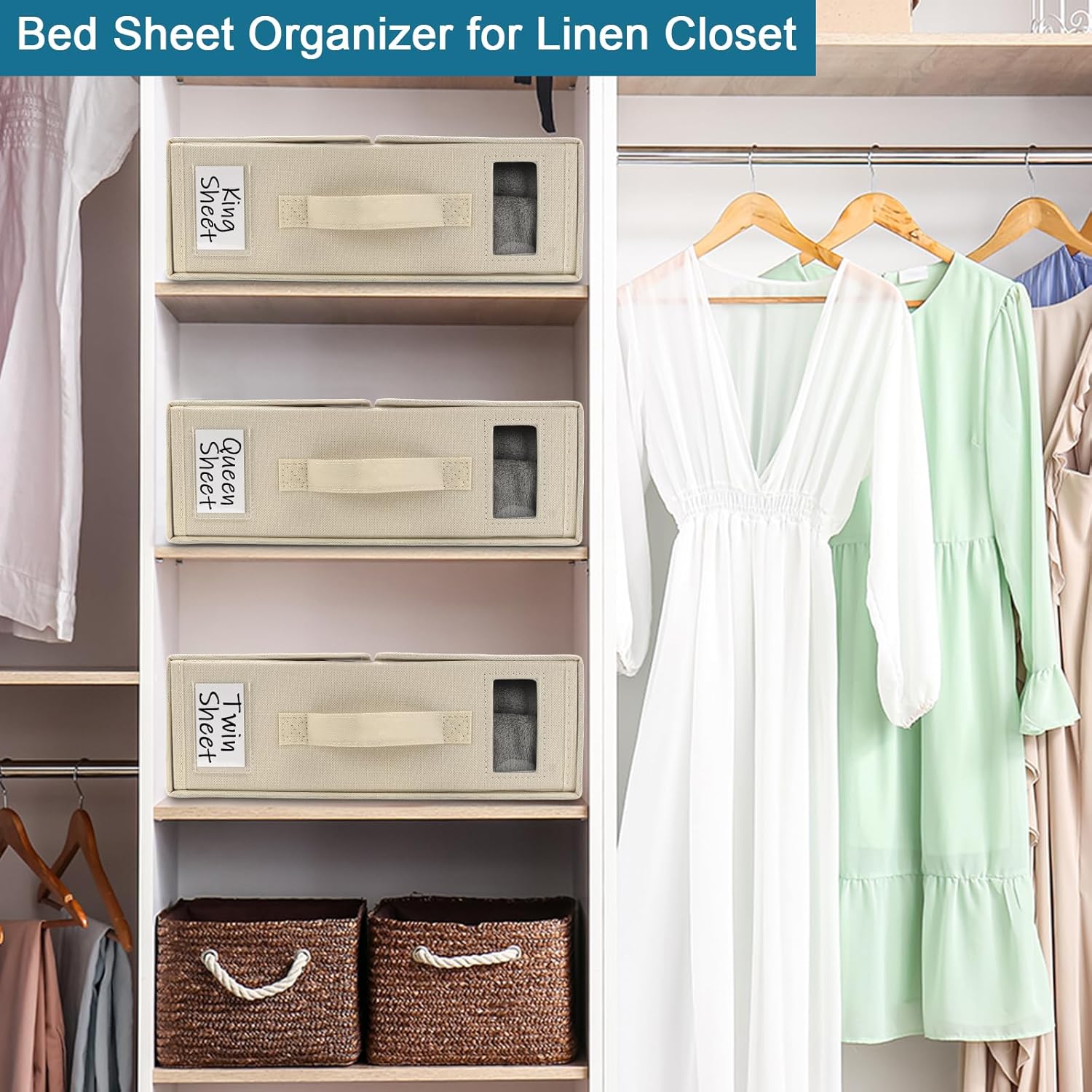 Premium Bed Sheet Organizers and Storage (3 pack), Foldable Cube Storage Organizer for Linen Sheets Storage (King or Queen Size), Storage for Duvet Covers, and Blanket Storage - Beige